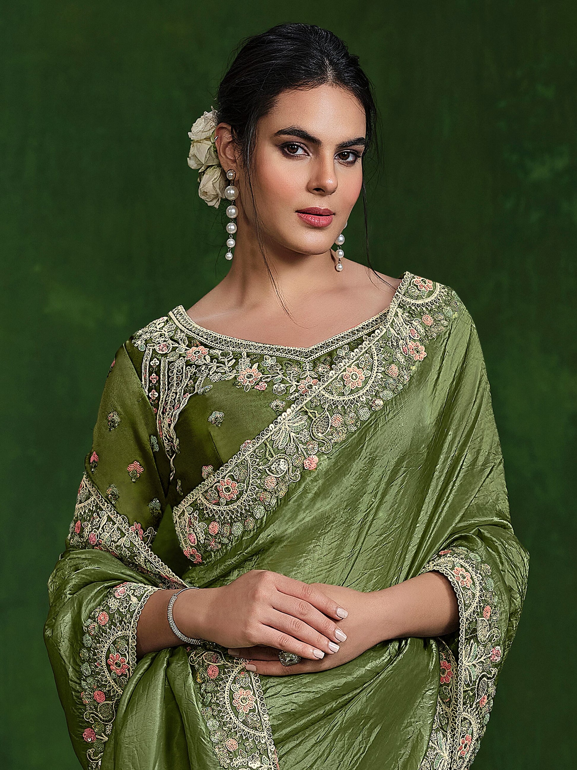 Marvelous Olive Green Heavy Border Work Satin Mehendi Wear Saree
