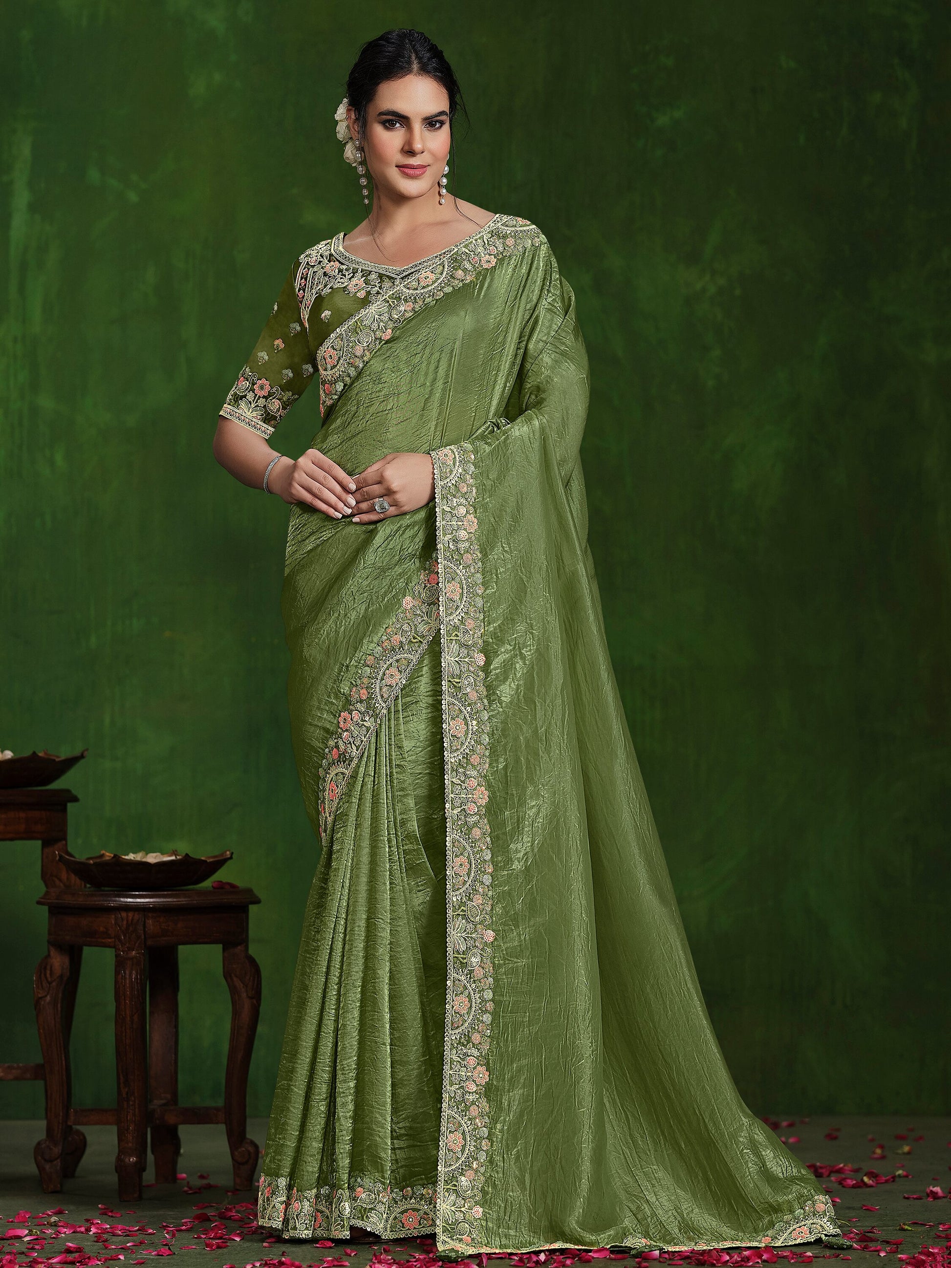 Marvelous Olive Green Heavy Border Work Satin Mehendi Wear Saree