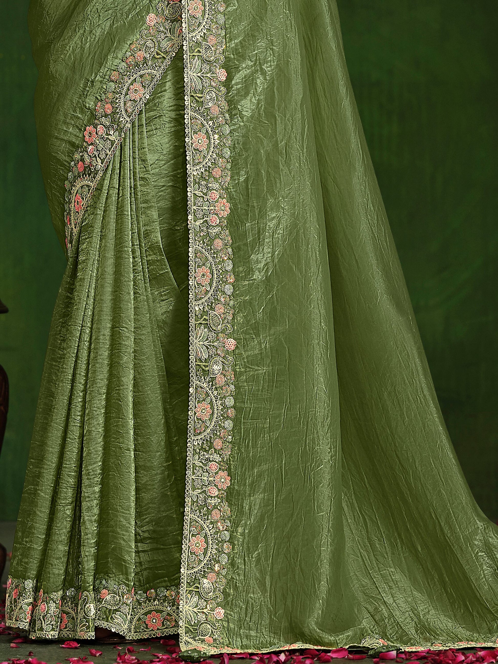 Marvelous Olive Green Heavy Border Work Satin Mehendi Wear Saree