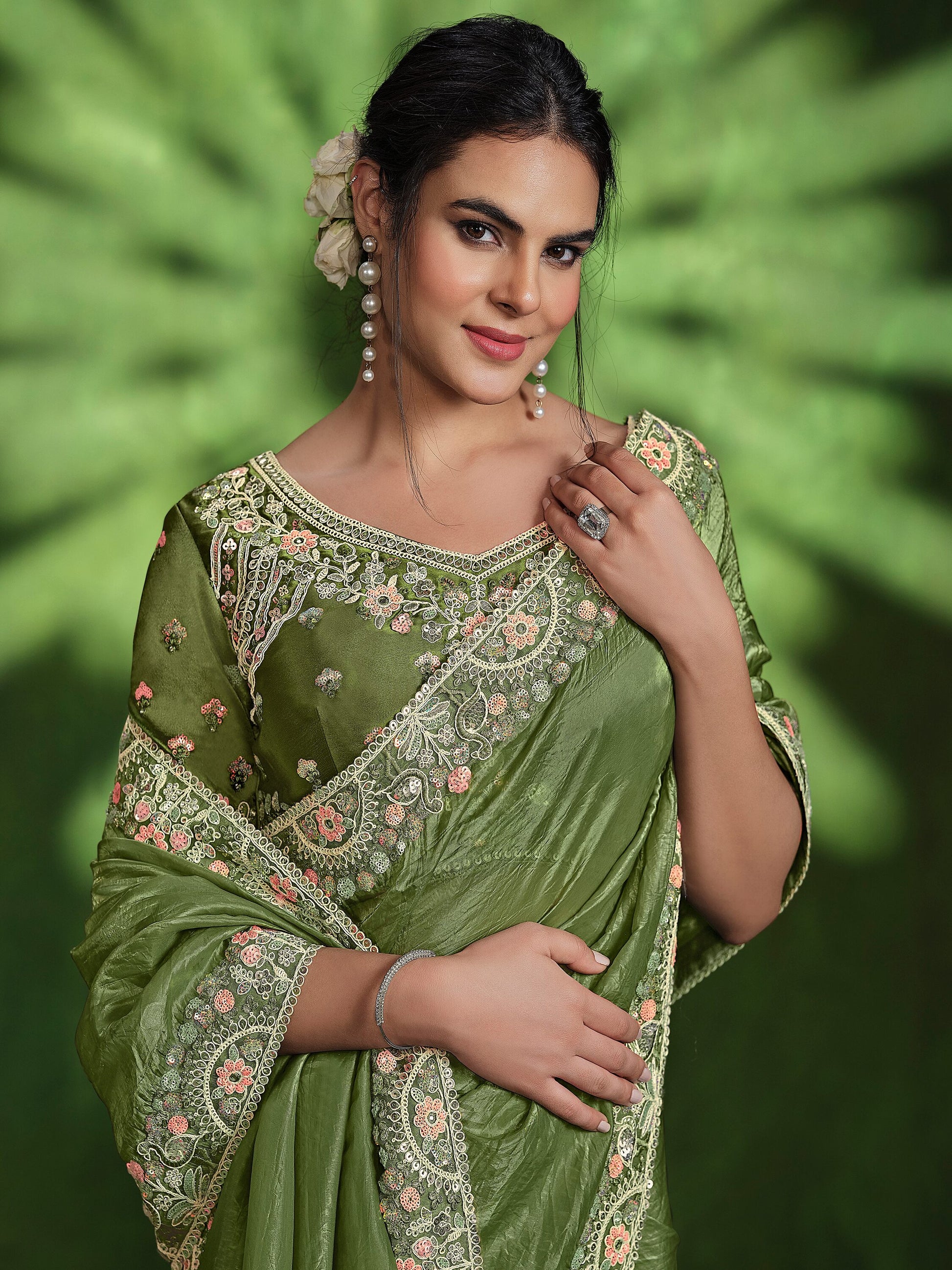 Marvelous Olive Green Heavy Border Work Satin Mehendi Wear Saree
