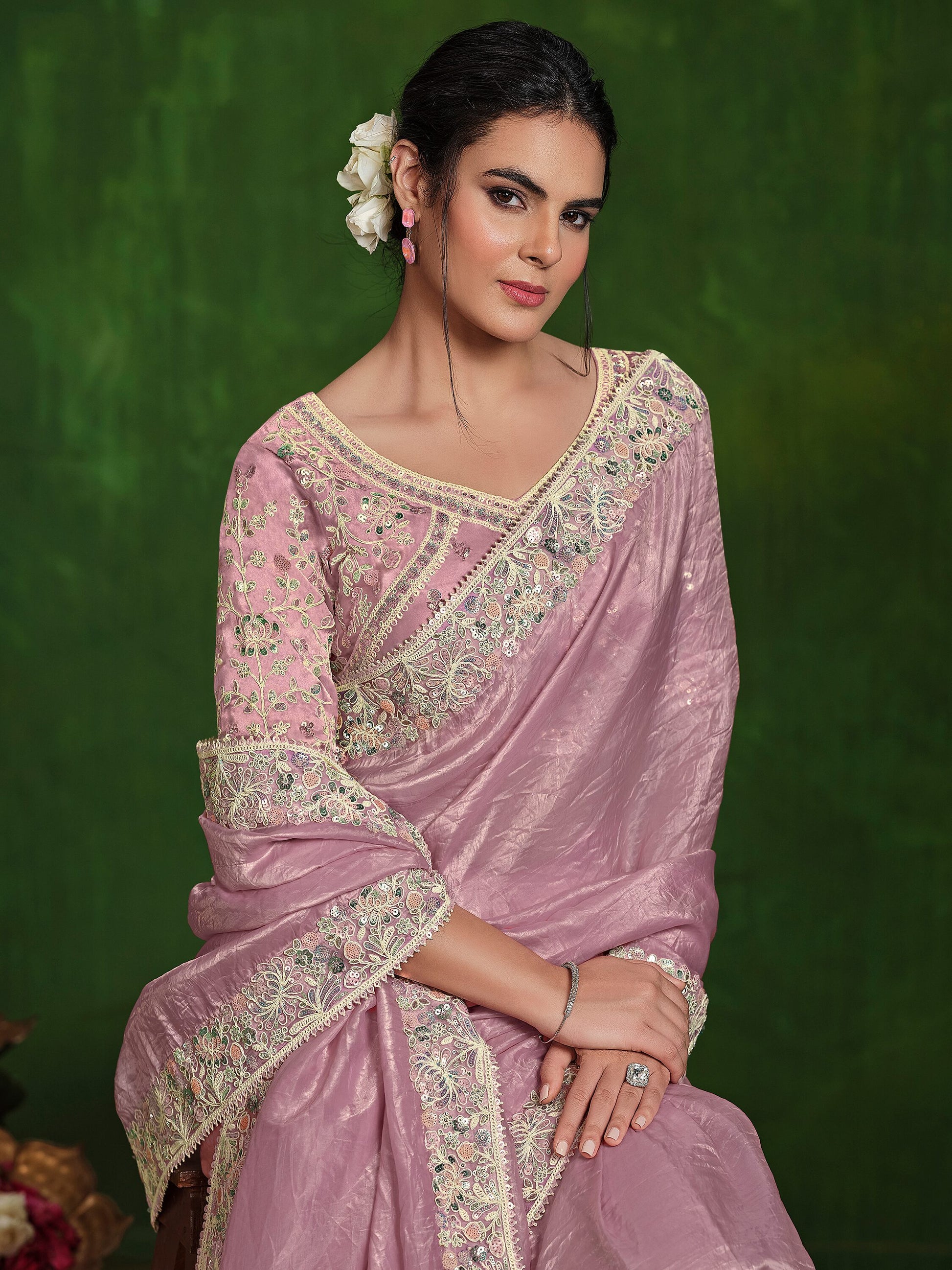 Amazing Light Pink Heavy Border Work Satin Festival Wear Saree