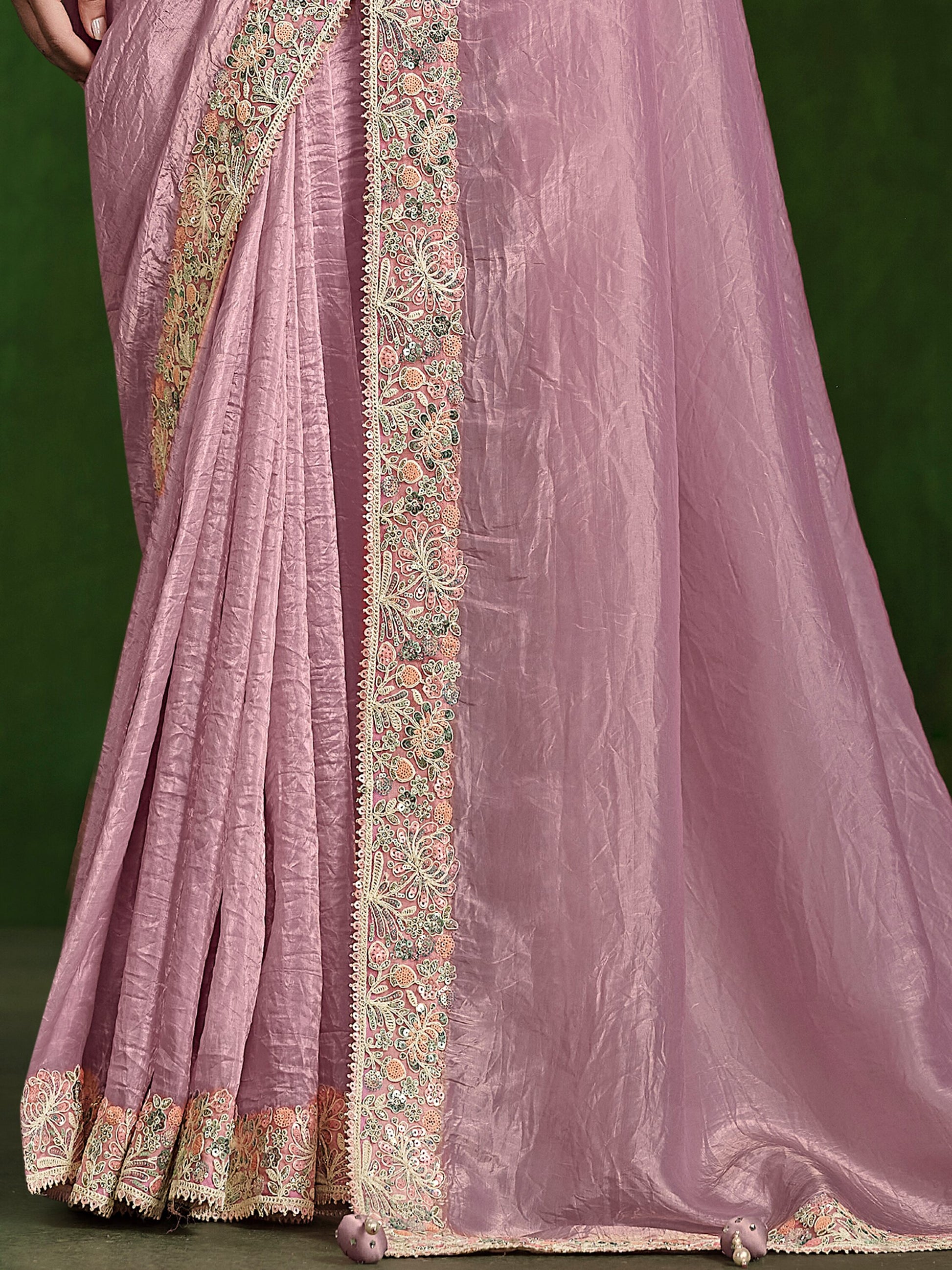 Amazing Light Pink Heavy Border Work Satin Festival Wear Saree