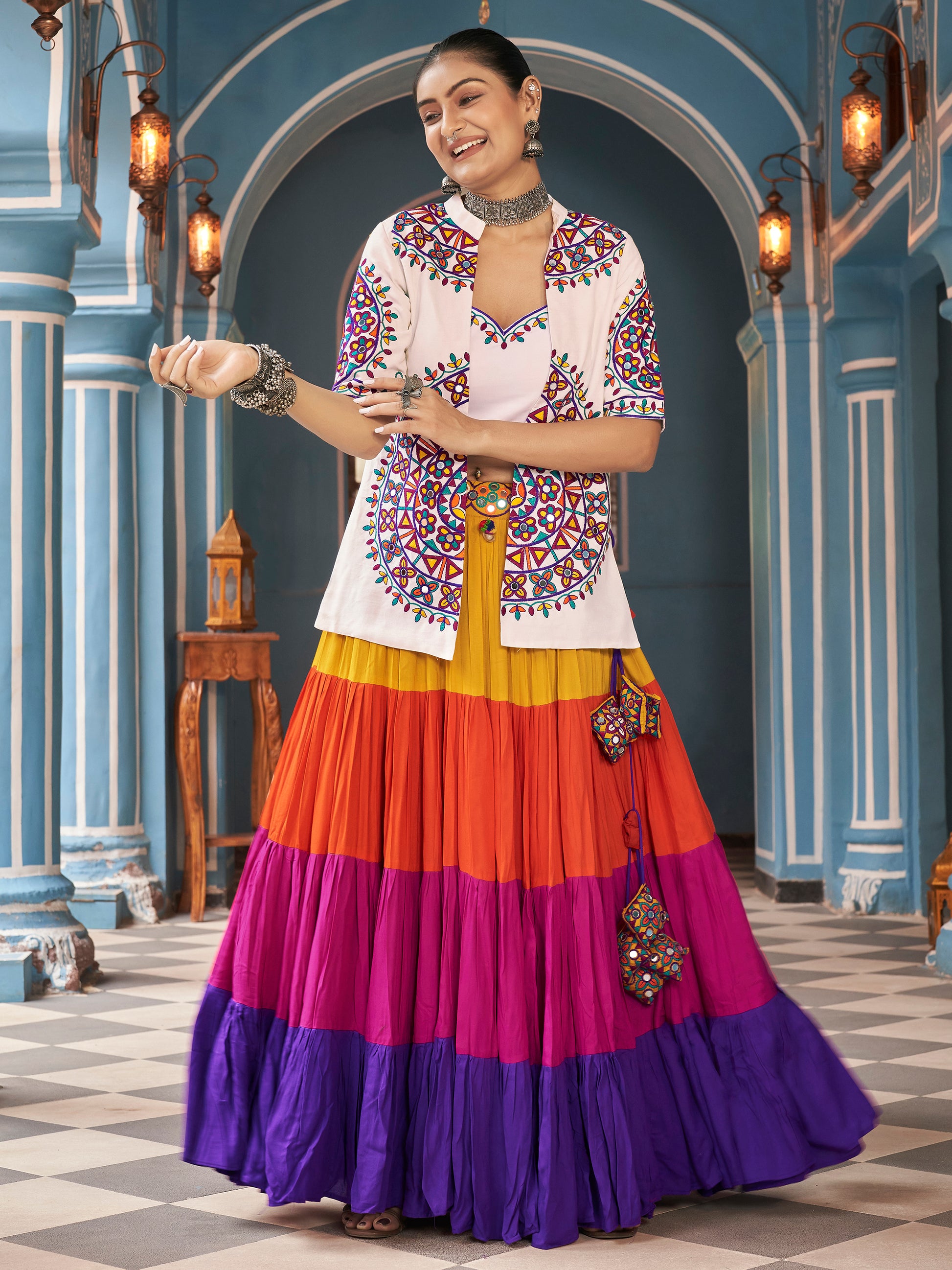 Stunning Multi-Color Rayon Navratri Lehenga Choli With Jacket