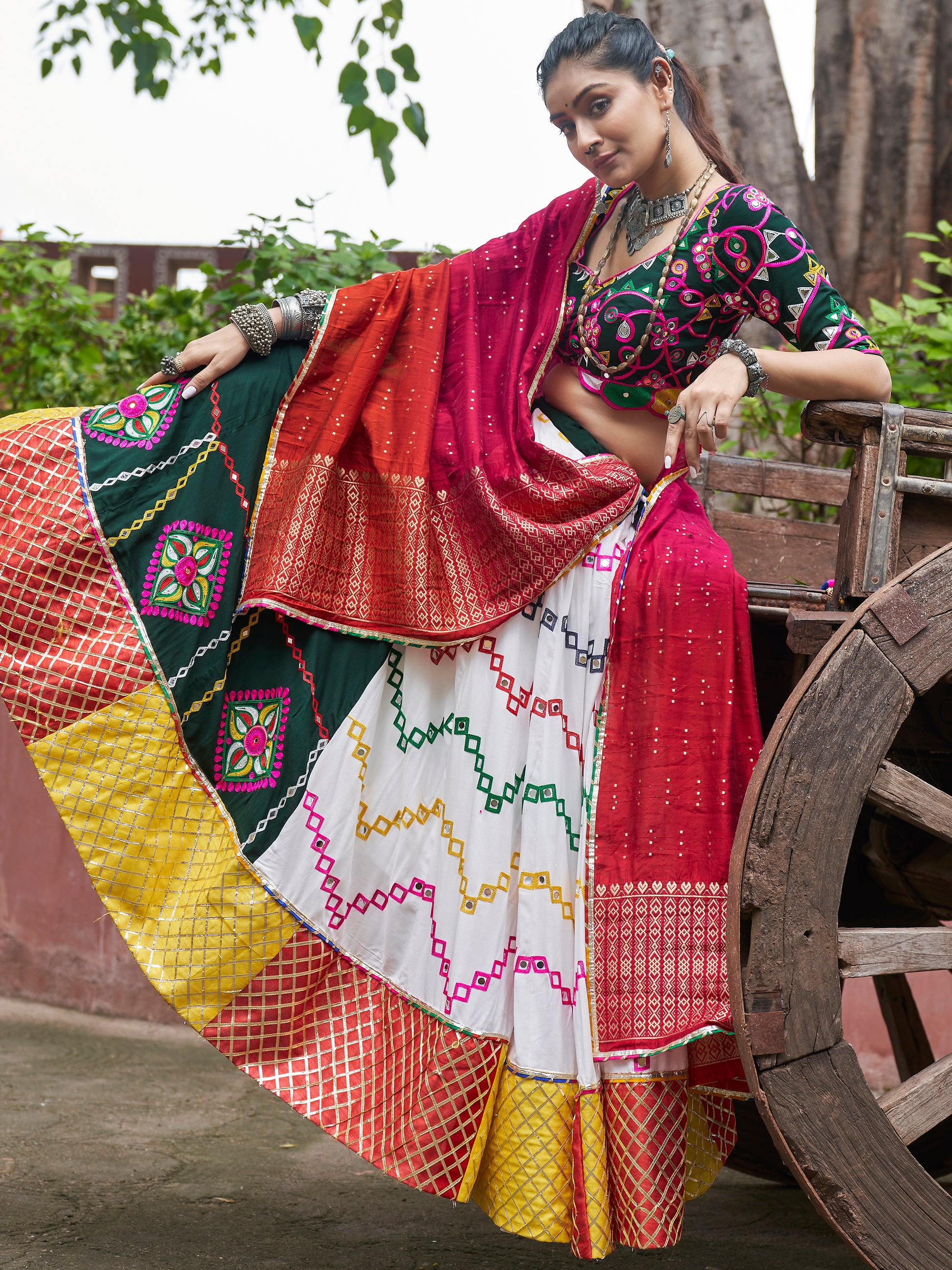 Attractive Multi-Color Mirror Work Rayon Navratri Wear Lehenga Choli