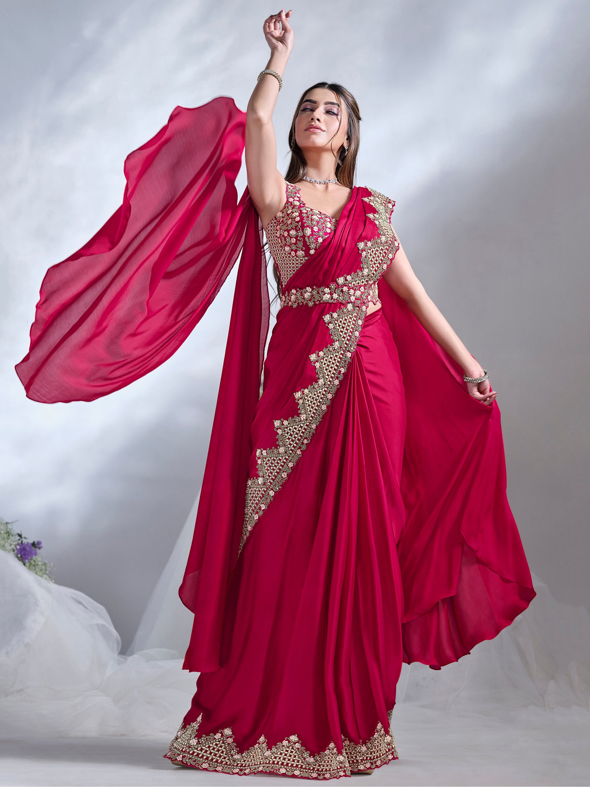 Attractive Rani Pink Heavy Lace Work Satin Pre-Stitched Saree
