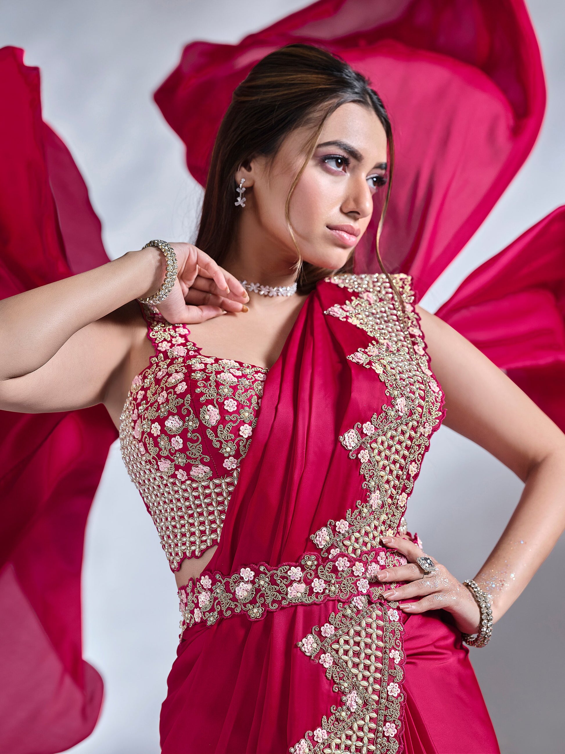 Attractive Rani Pink Heavy Lace Work Satin Pre-Stitched Saree