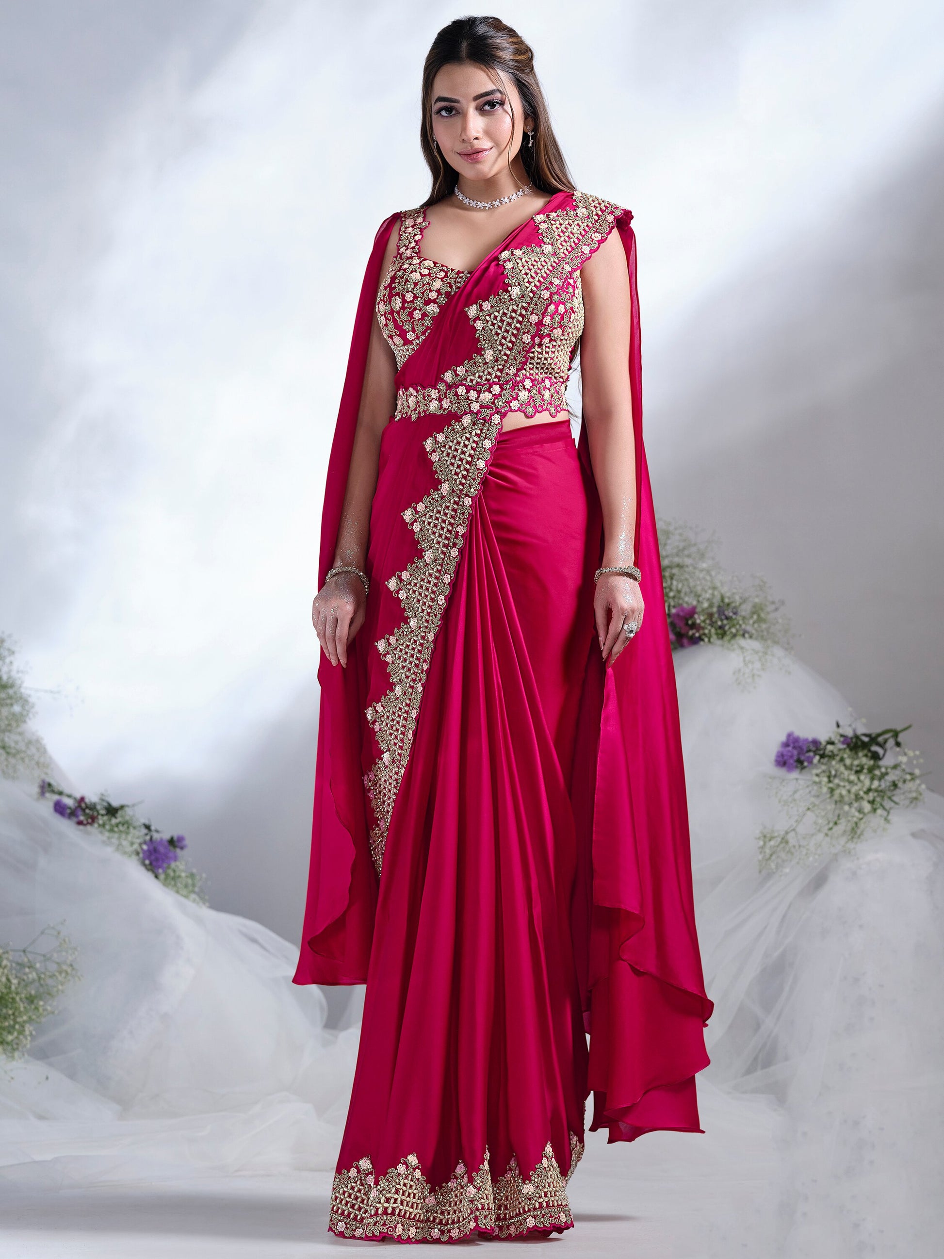 Attractive Rani Pink Heavy Lace Work Satin Pre-Stitched Saree