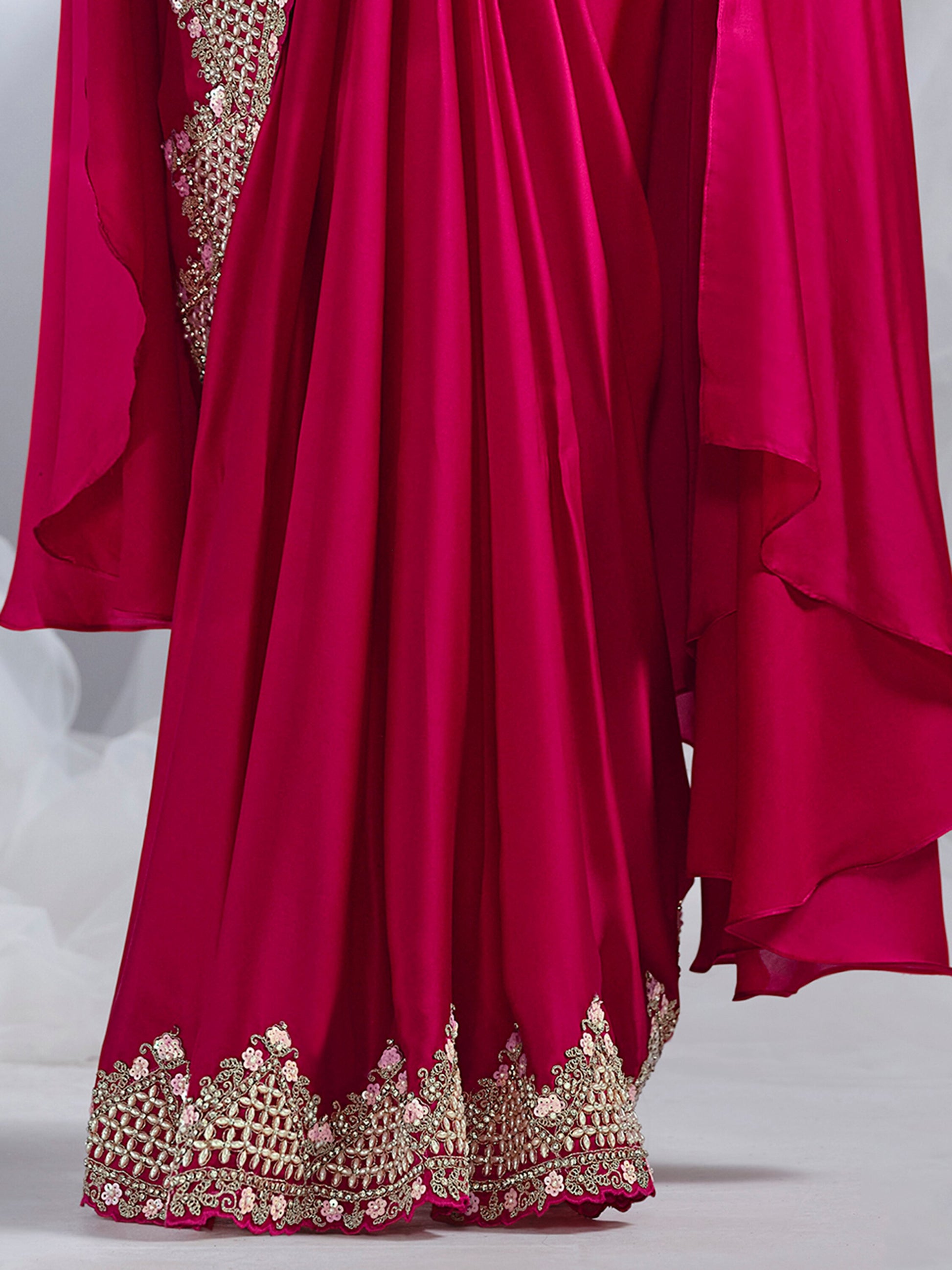 Attractive Rani Pink Heavy Lace Work Satin Pre-Stitched Saree
