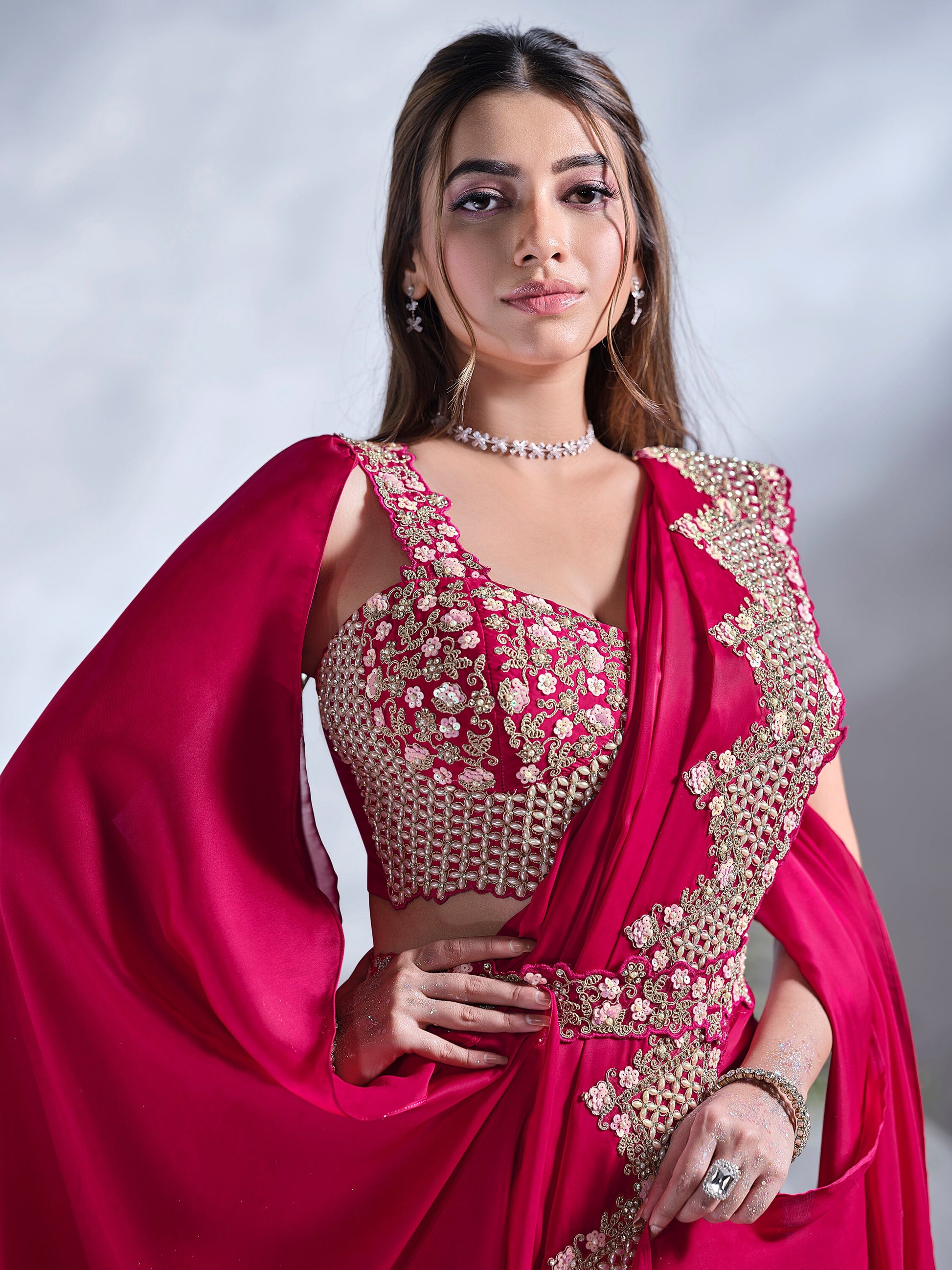 Attractive Rani Pink Heavy Lace Work Satin Pre-Stitched Saree