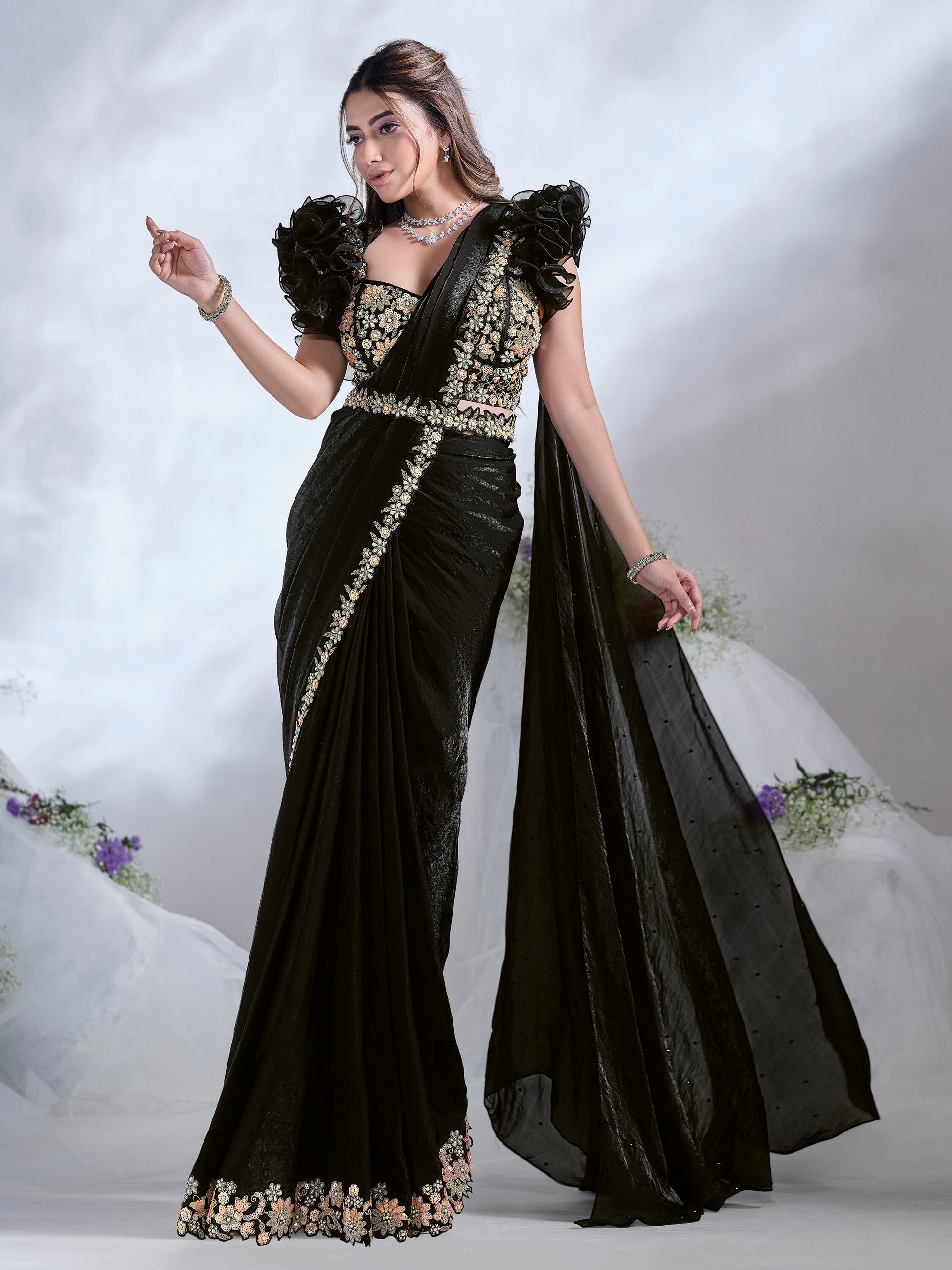 Stunning Black Sequins Satin Ready To Wear Designer Saree With Blouse