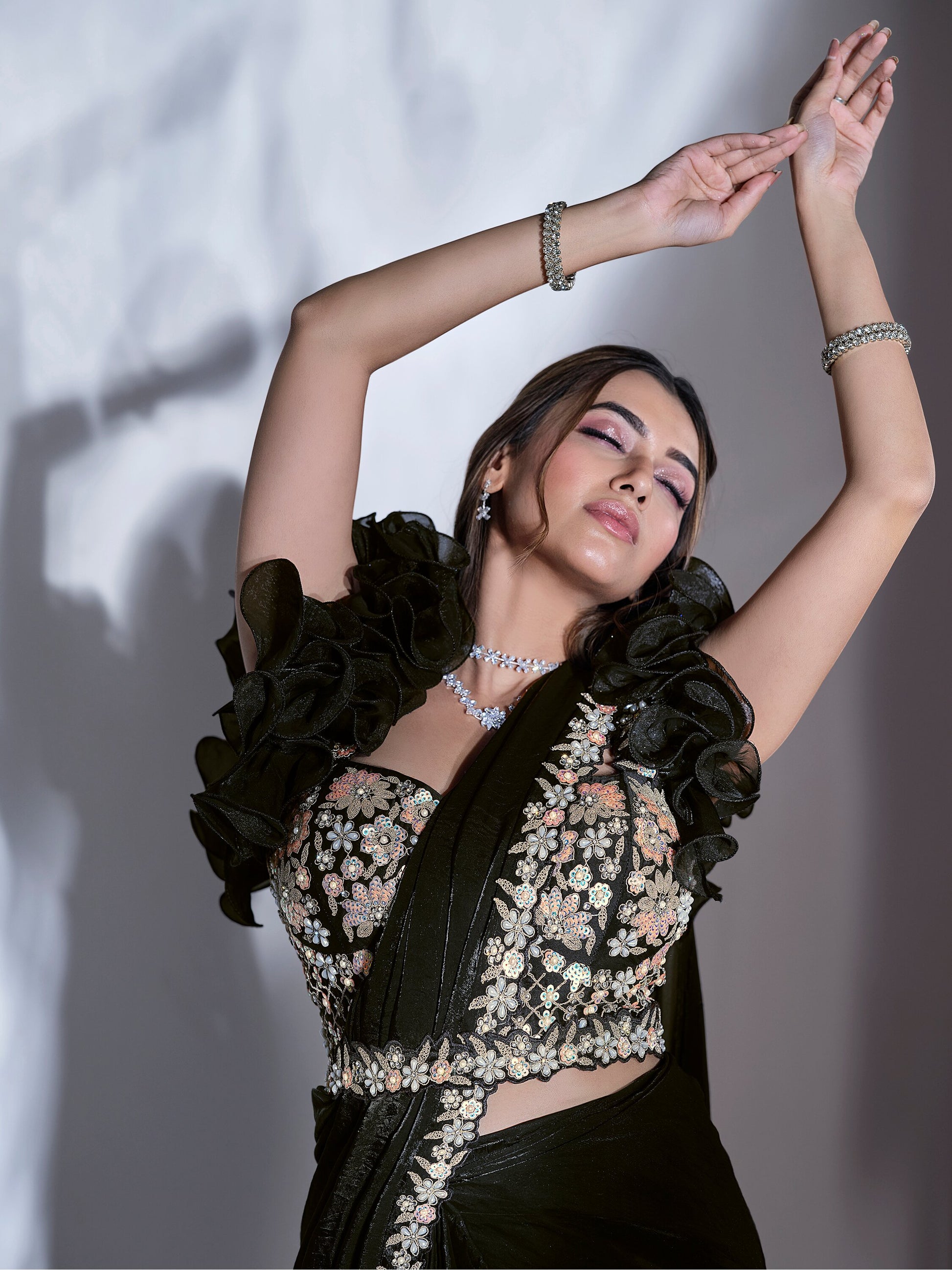 Stunning Black Sequins Satin Ready To Wear Designer Saree With Blouse