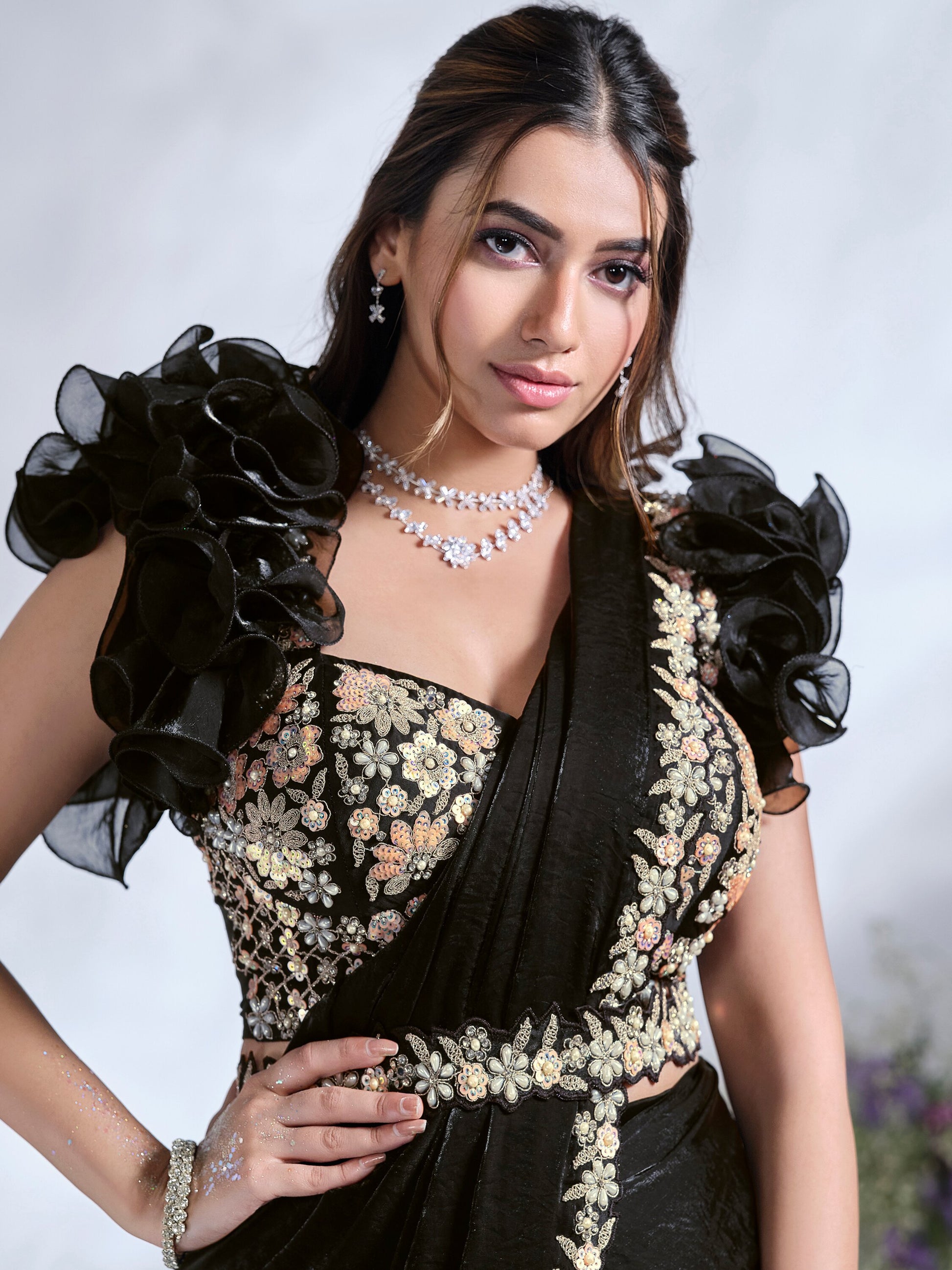 Stunning Black Sequins Satin Ready To Wear Designer Saree With Blouse