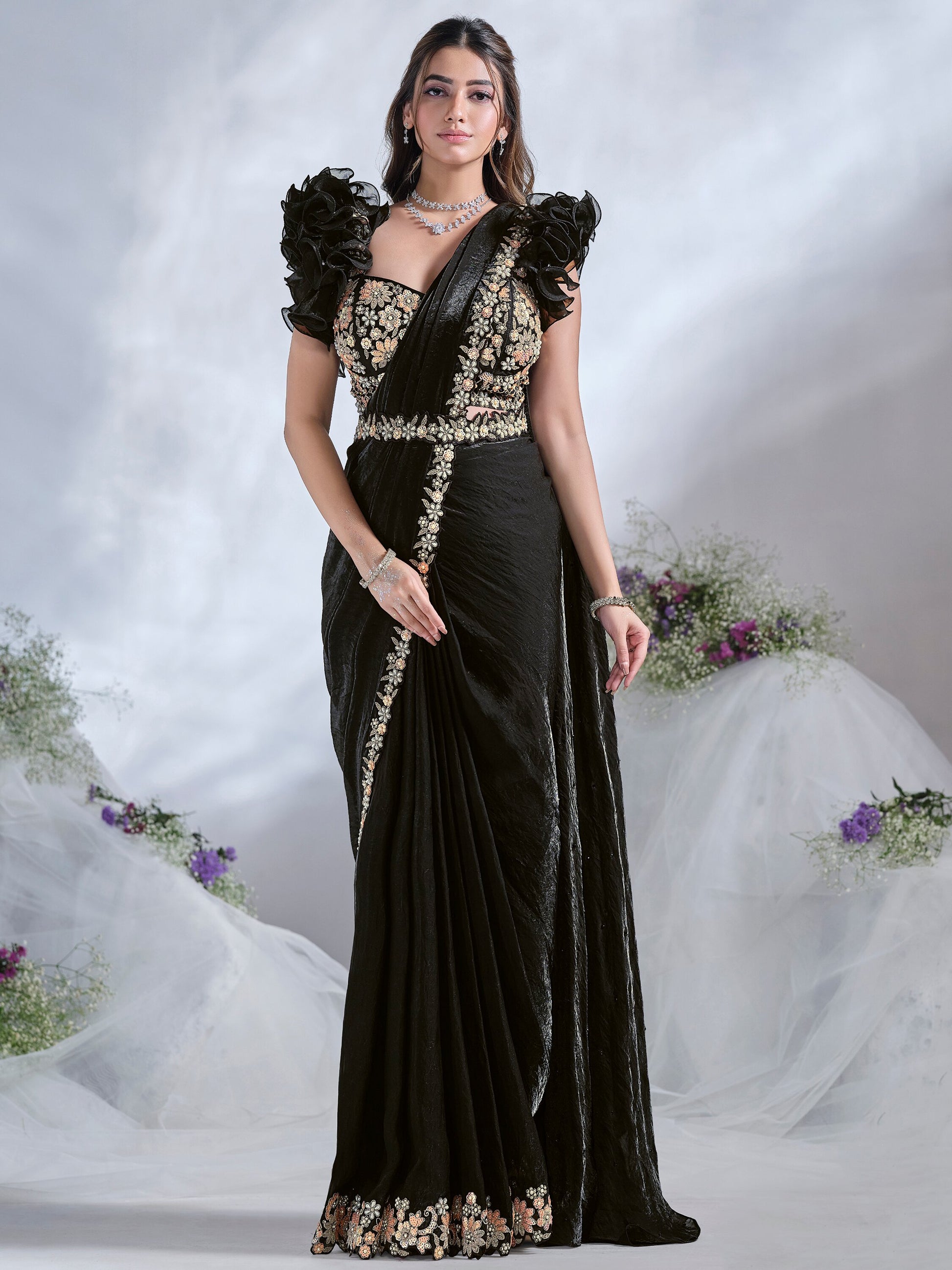Stunning Black Sequins Satin Ready To Wear Designer Saree With Blouse