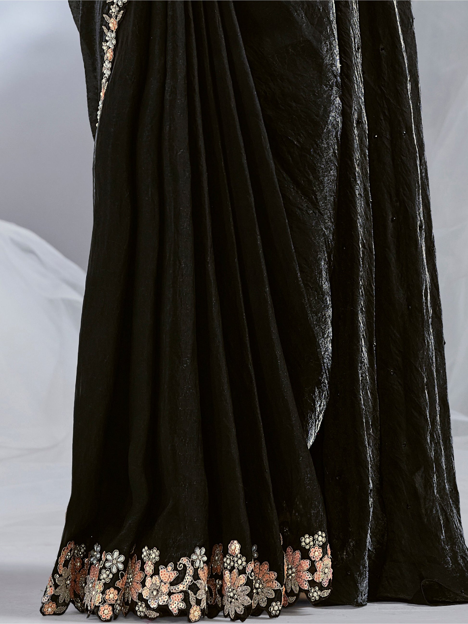 Stunning Black Sequins Satin Ready To Wear Designer Saree With Blouse