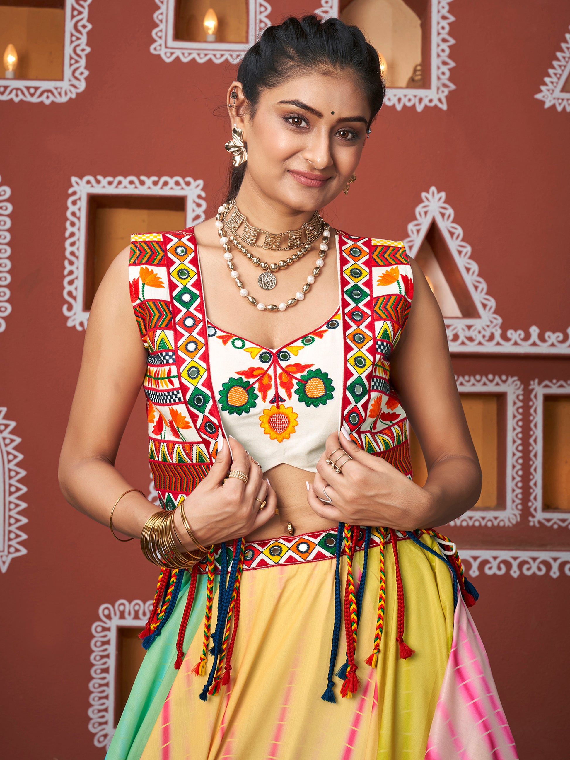 Alluring Multi-Color Mirror Work Navratri Lehenga Choli With Jacket