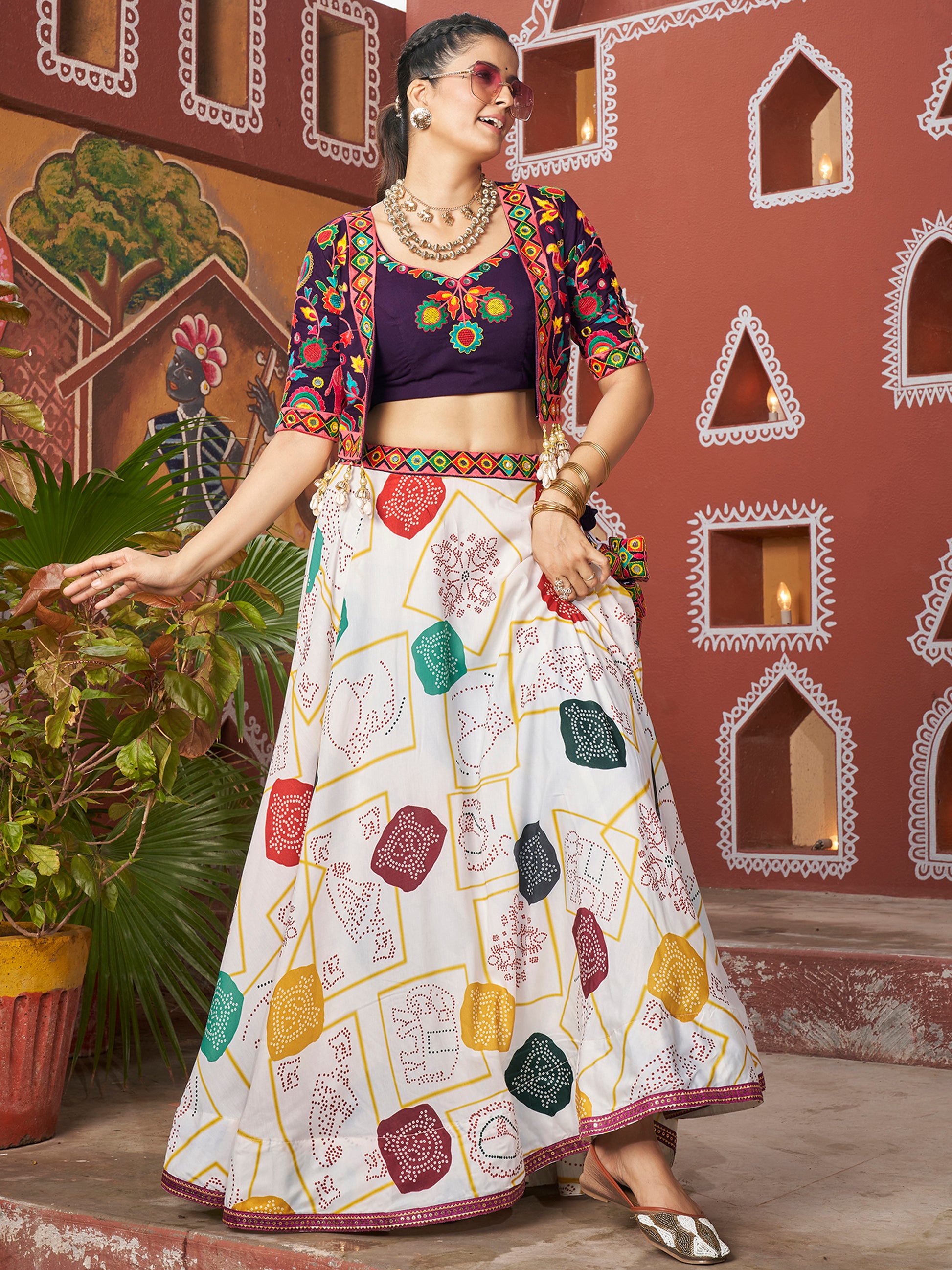 Enchanting White Printed Navratri Lehenga Choli With Jacket