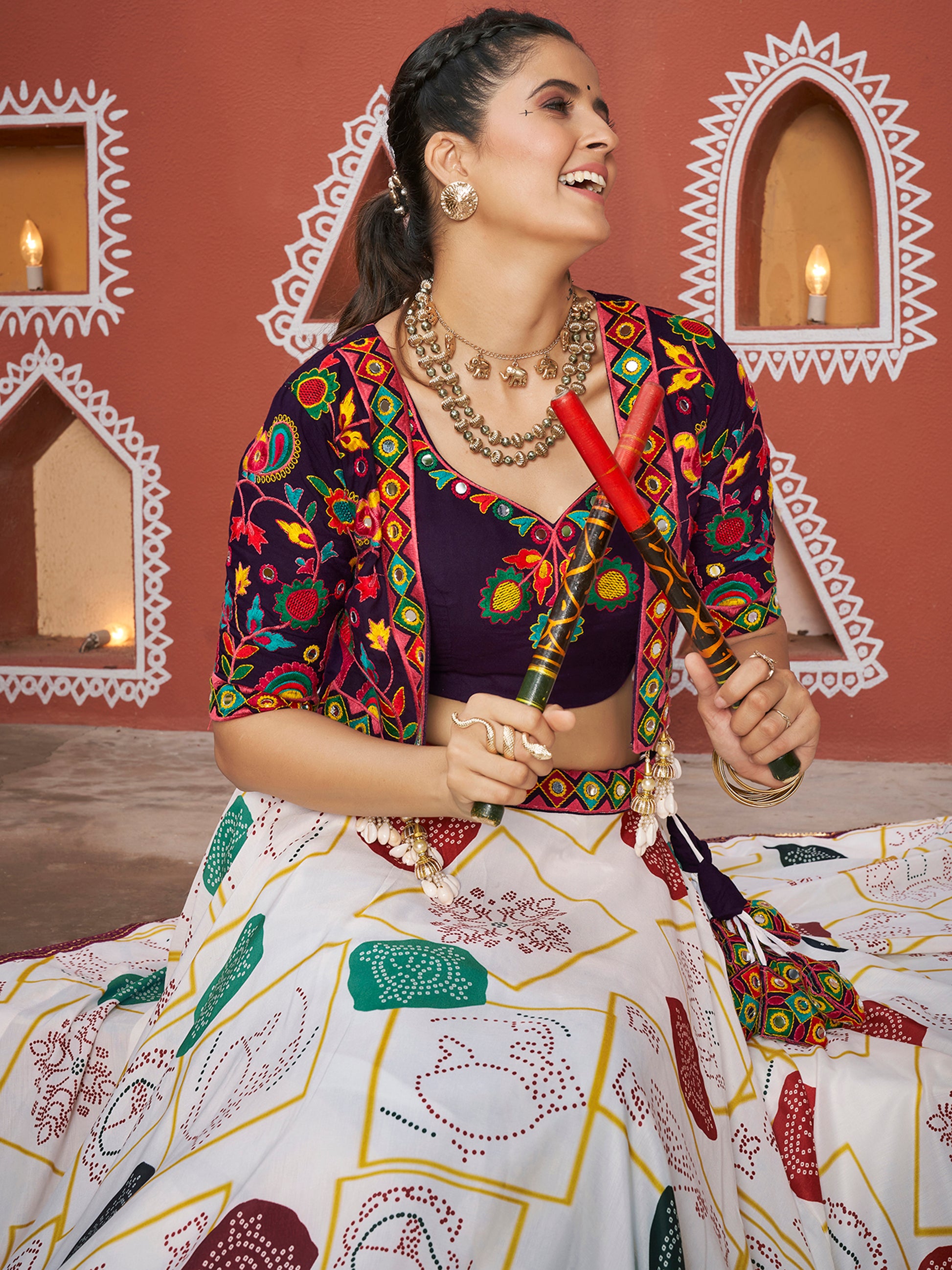 Enchanting White Printed Navratri Lehenga Choli With Jacket