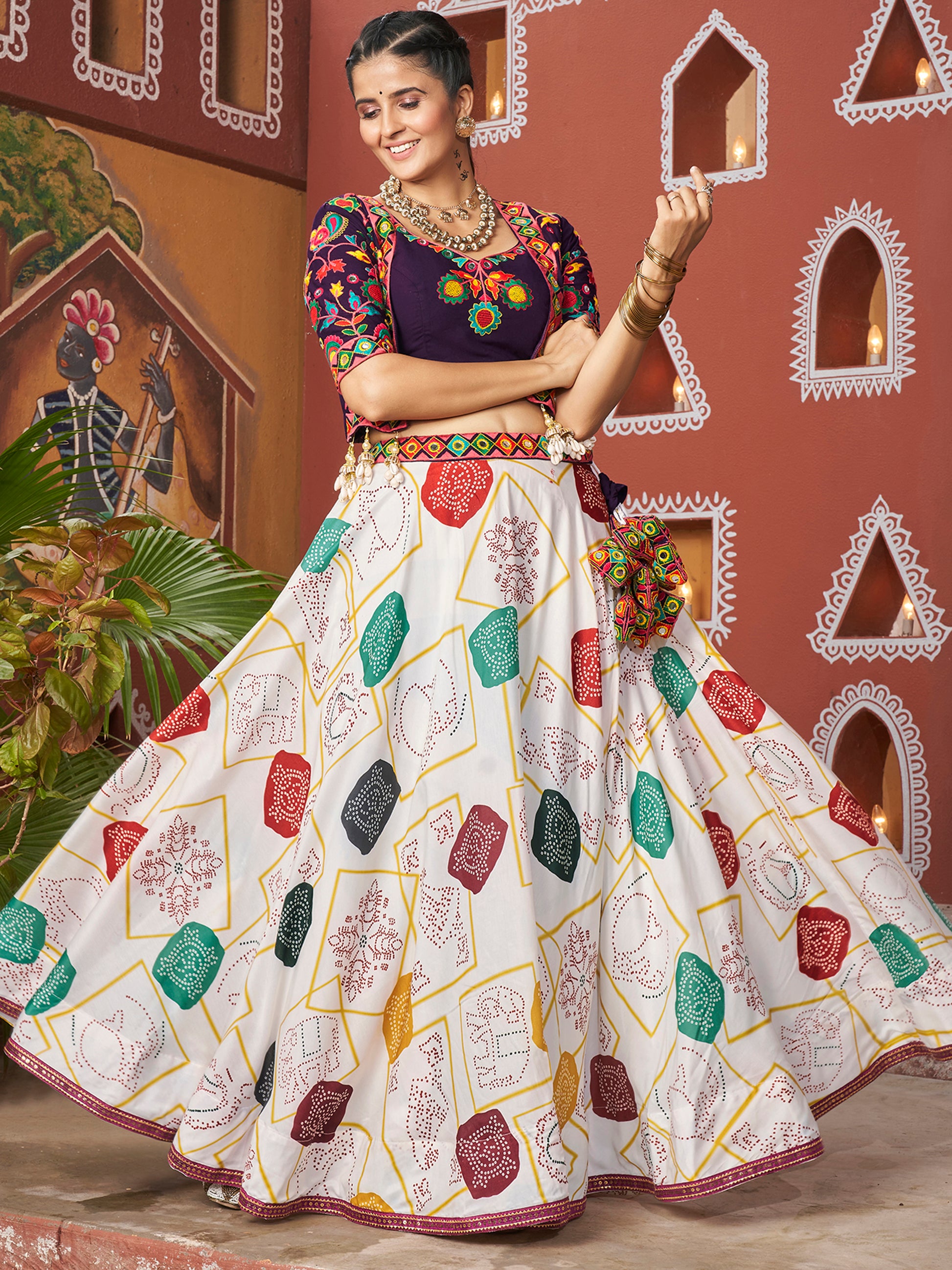 Enchanting White Printed Navratri Lehenga Choli With Jacket
