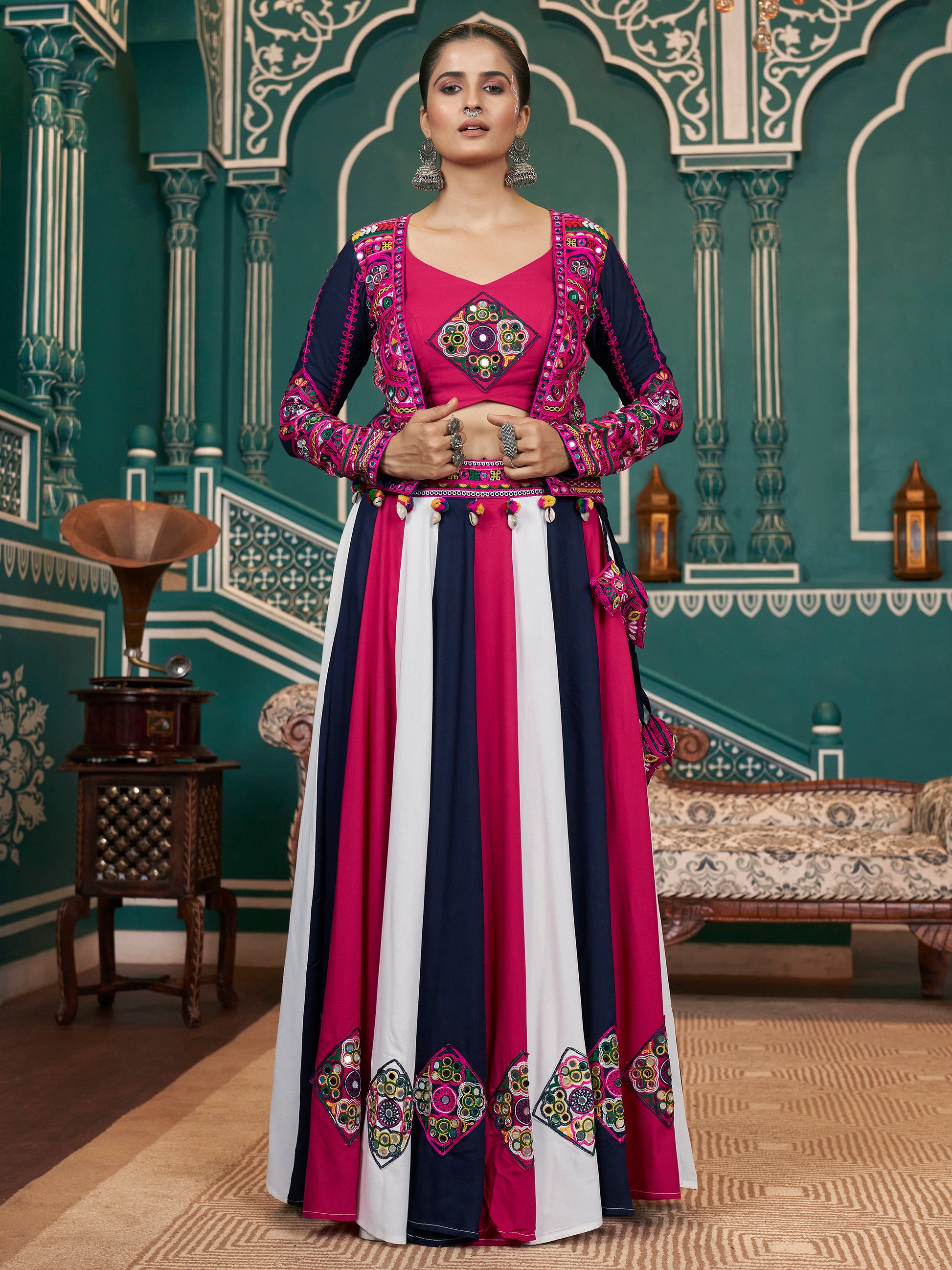 Astonishing Multi-Color Mirror Work Rayon Lehenga Choli With Jacket