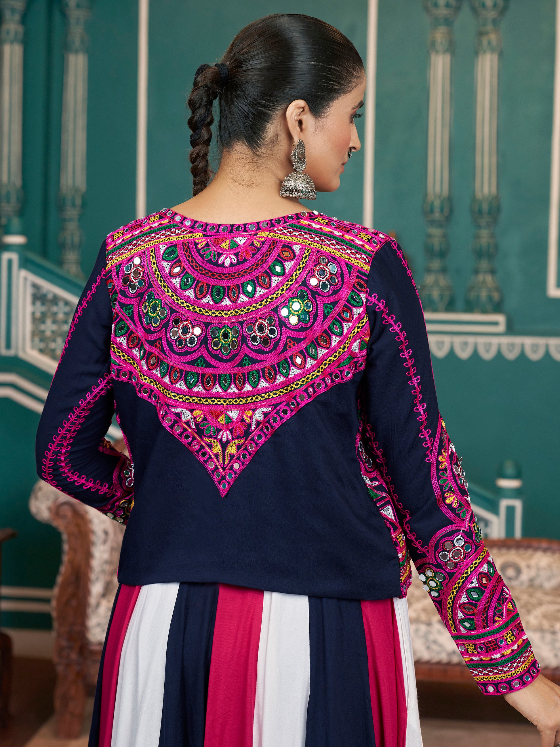 Astonishing Multi-Color Mirror Work Rayon Lehenga Choli With Jacket