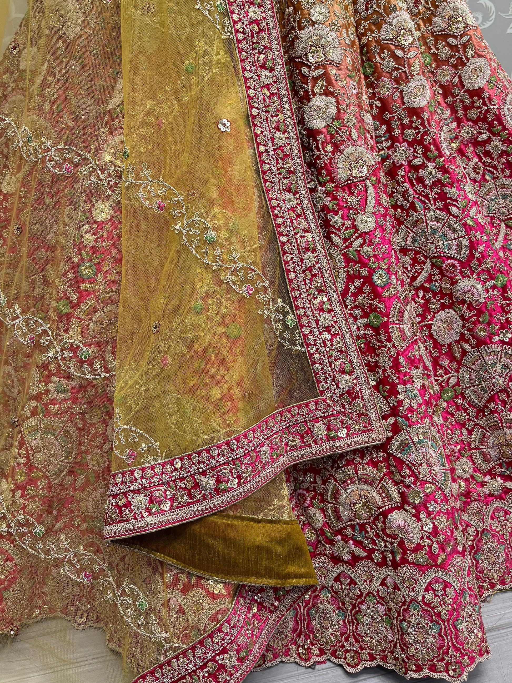 Gorgeous Pink Embroidered Velvet Bridal Lehenga Choli With Dupatta