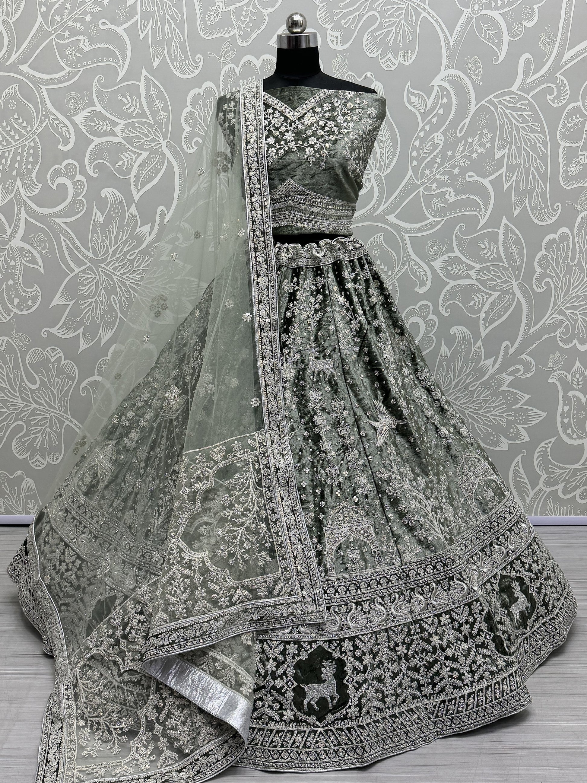 Glamorous Sage Green Embroidered Velvet Bridesmaid Lehenga Choli