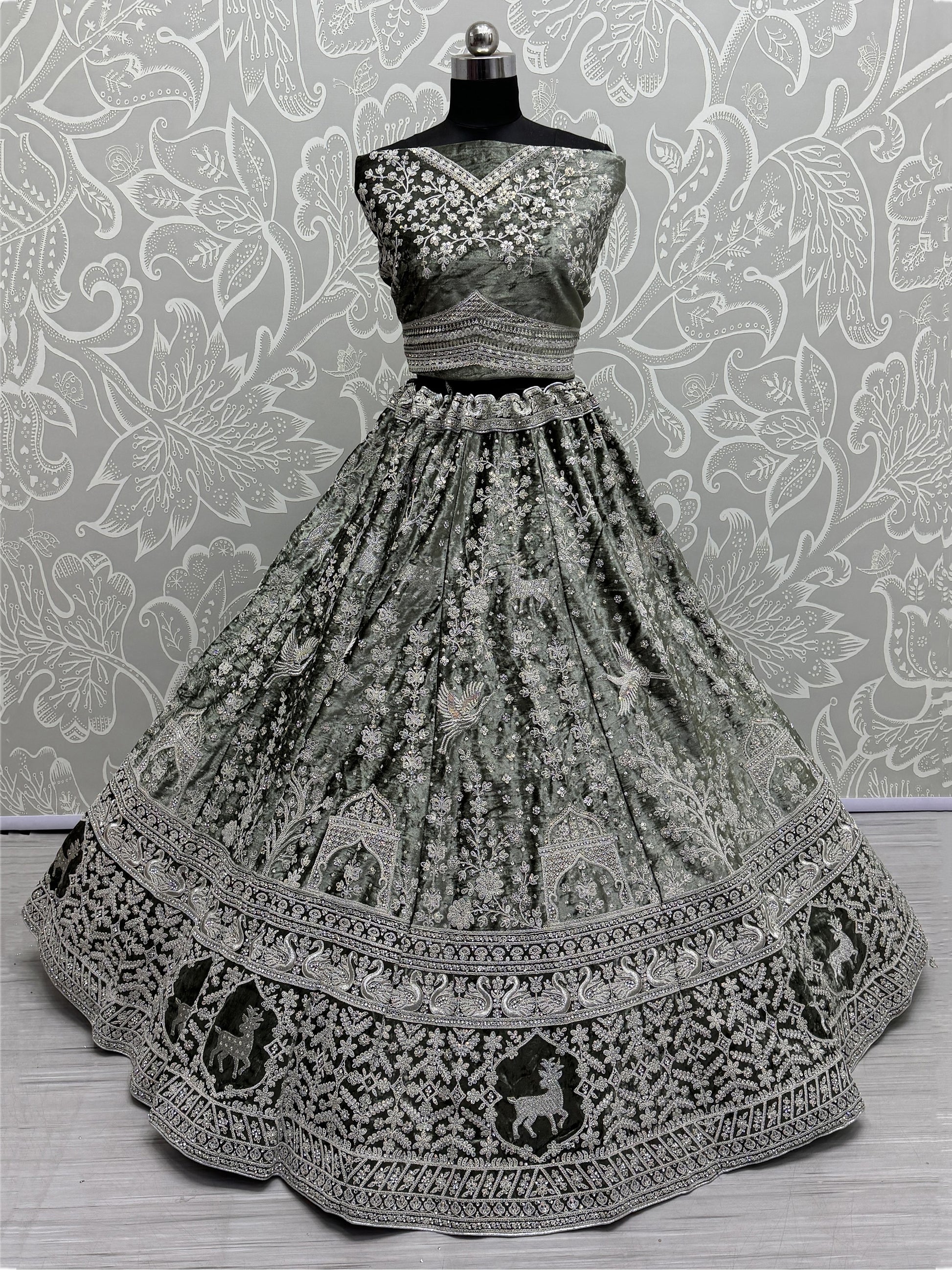 Glamorous Sage Green Embroidered Velvet Bridesmaid Lehenga Choli