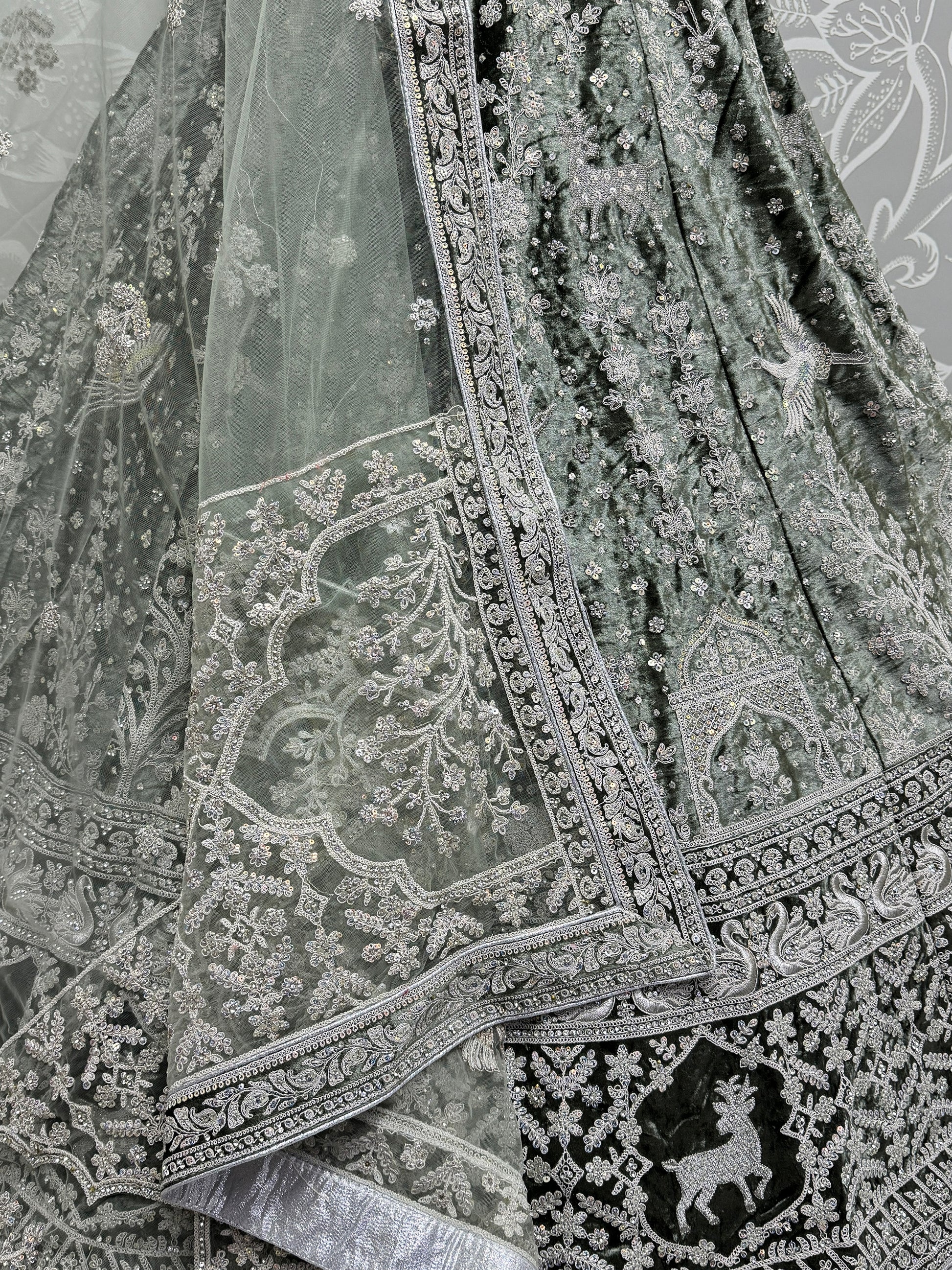 Glamorous Sage Green Embroidered Velvet Bridesmaid Lehenga Choli