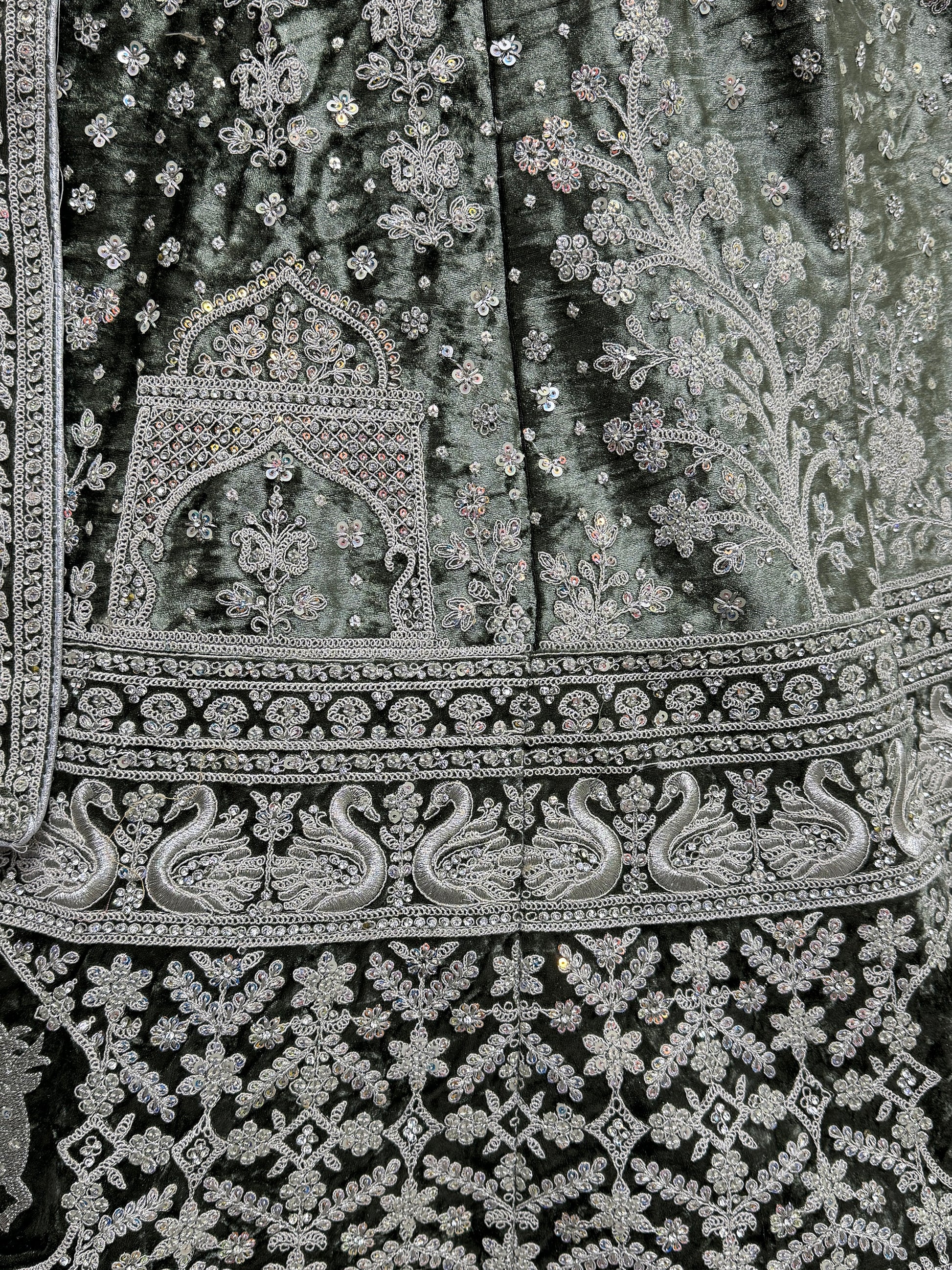 Glamorous Sage Green Embroidered Velvet Bridesmaid Lehenga Choli