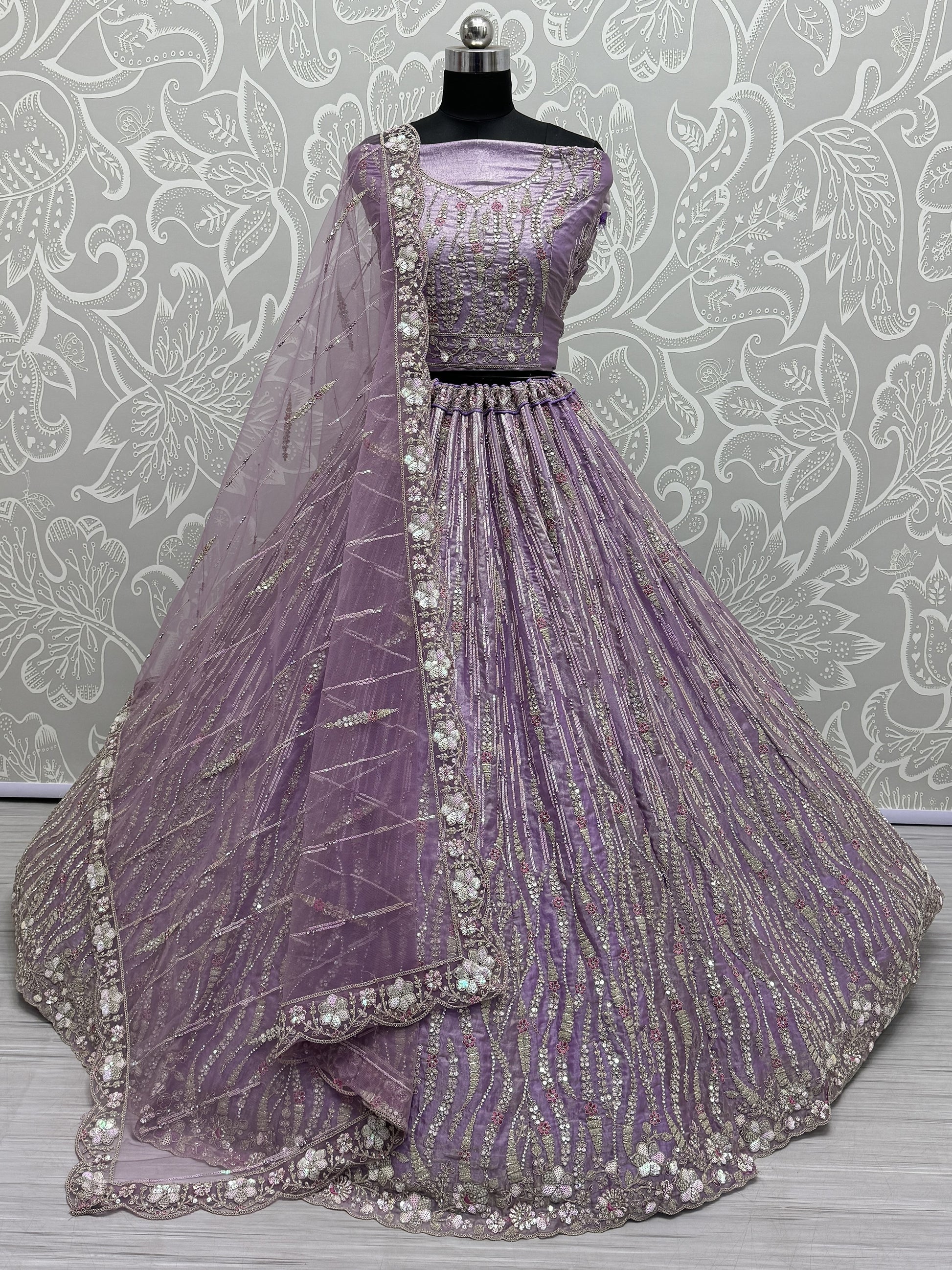 Dazzling Lavender Sequins Silk Bridesmaid Lehenga Choli With Dupatta