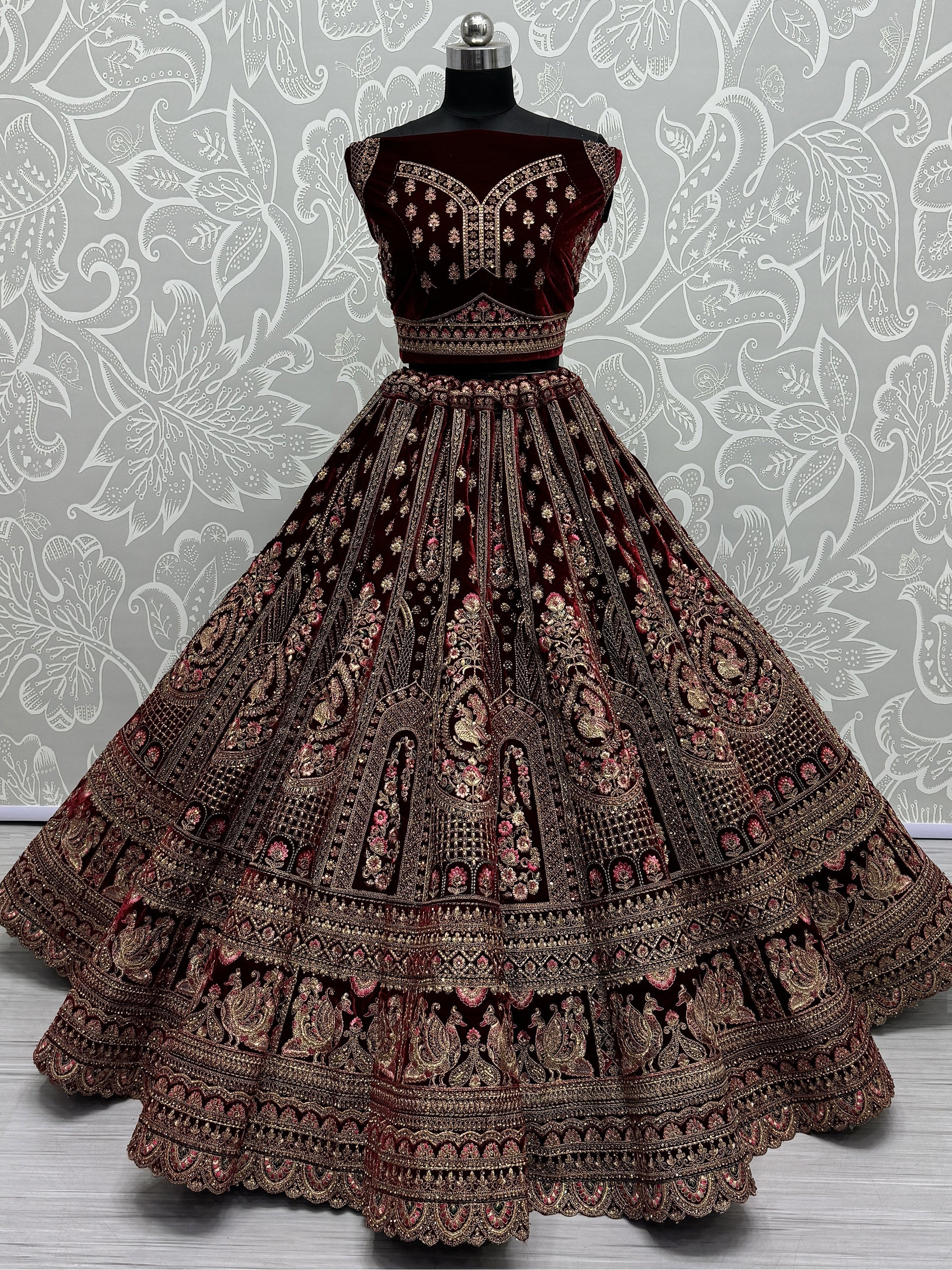 Lovely Maroon Sequins Velvet Bridal Lehenga Choli With Double Dupatta