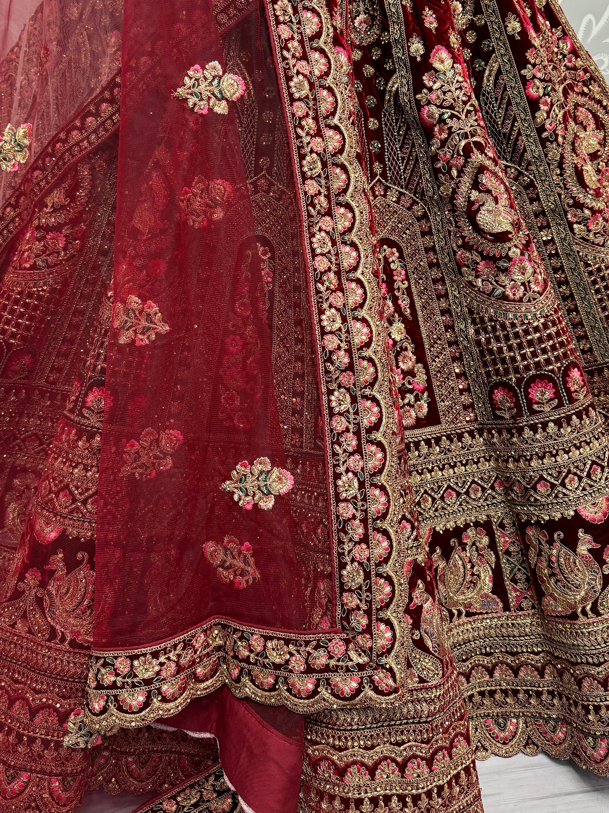 Lovely Maroon Sequins Velvet Bridal Lehenga Choli With Double Dupatta