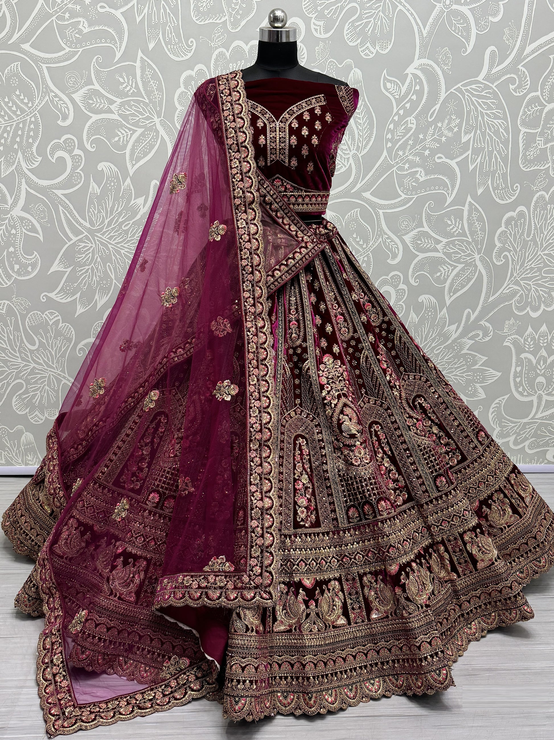 Pretty Pink Dori Work Velvet Bridal Lehenga Choli With Double Dupatta