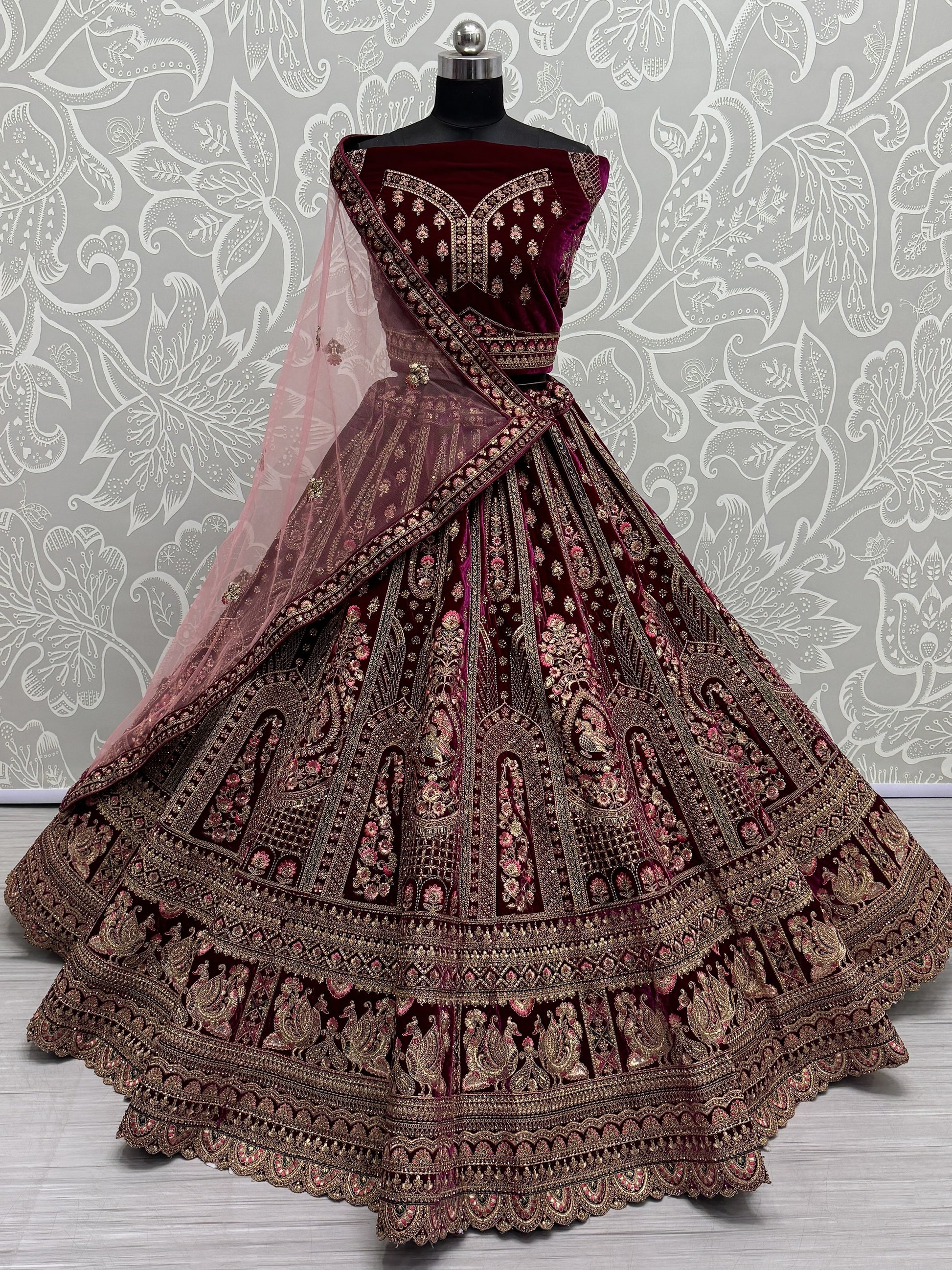Pretty Pink Dori Work Velvet Bridal Lehenga Choli With Double Dupatta