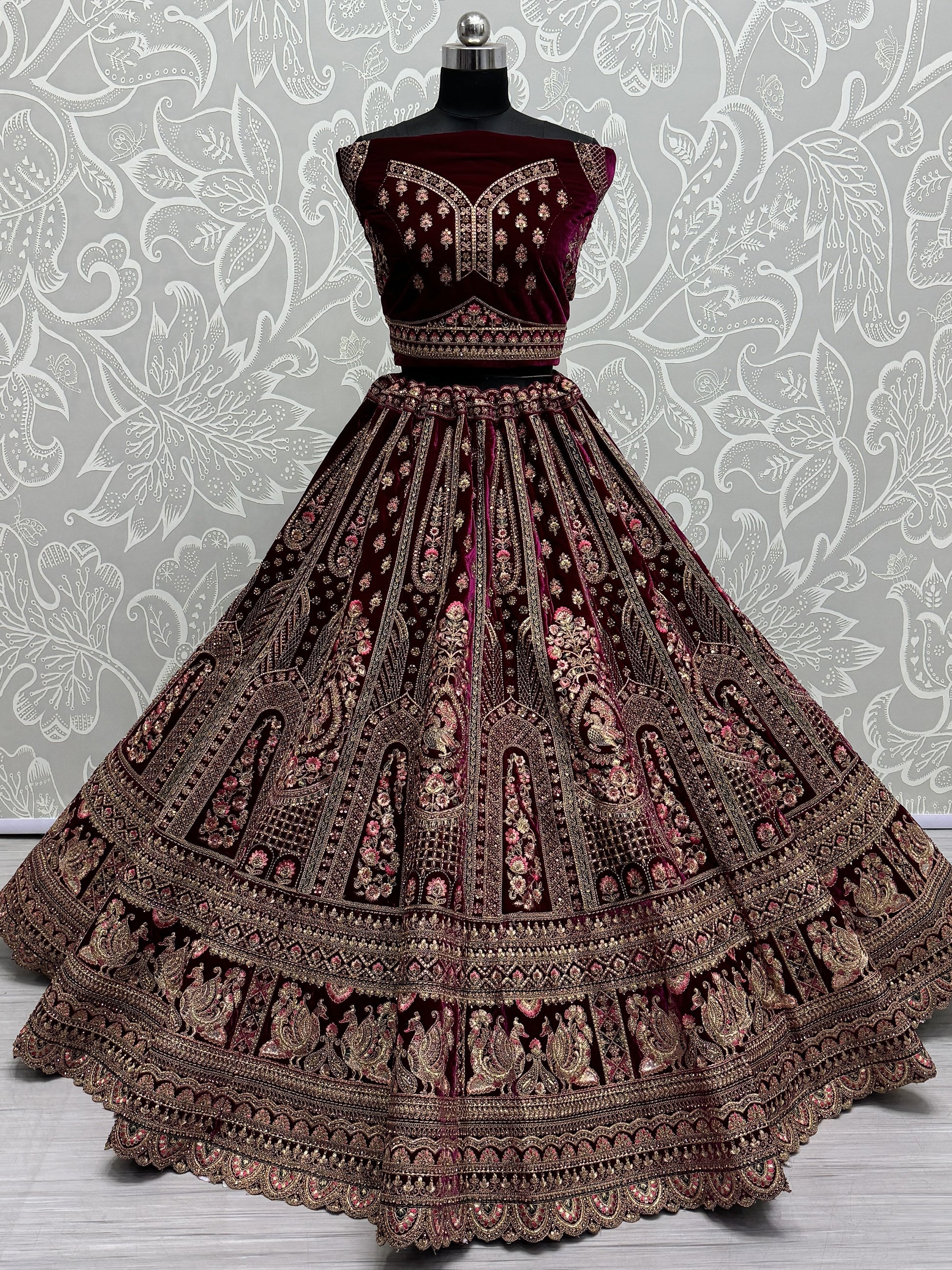 Pretty Pink Dori Work Velvet Bridal Lehenga Choli With Double Dupatta
