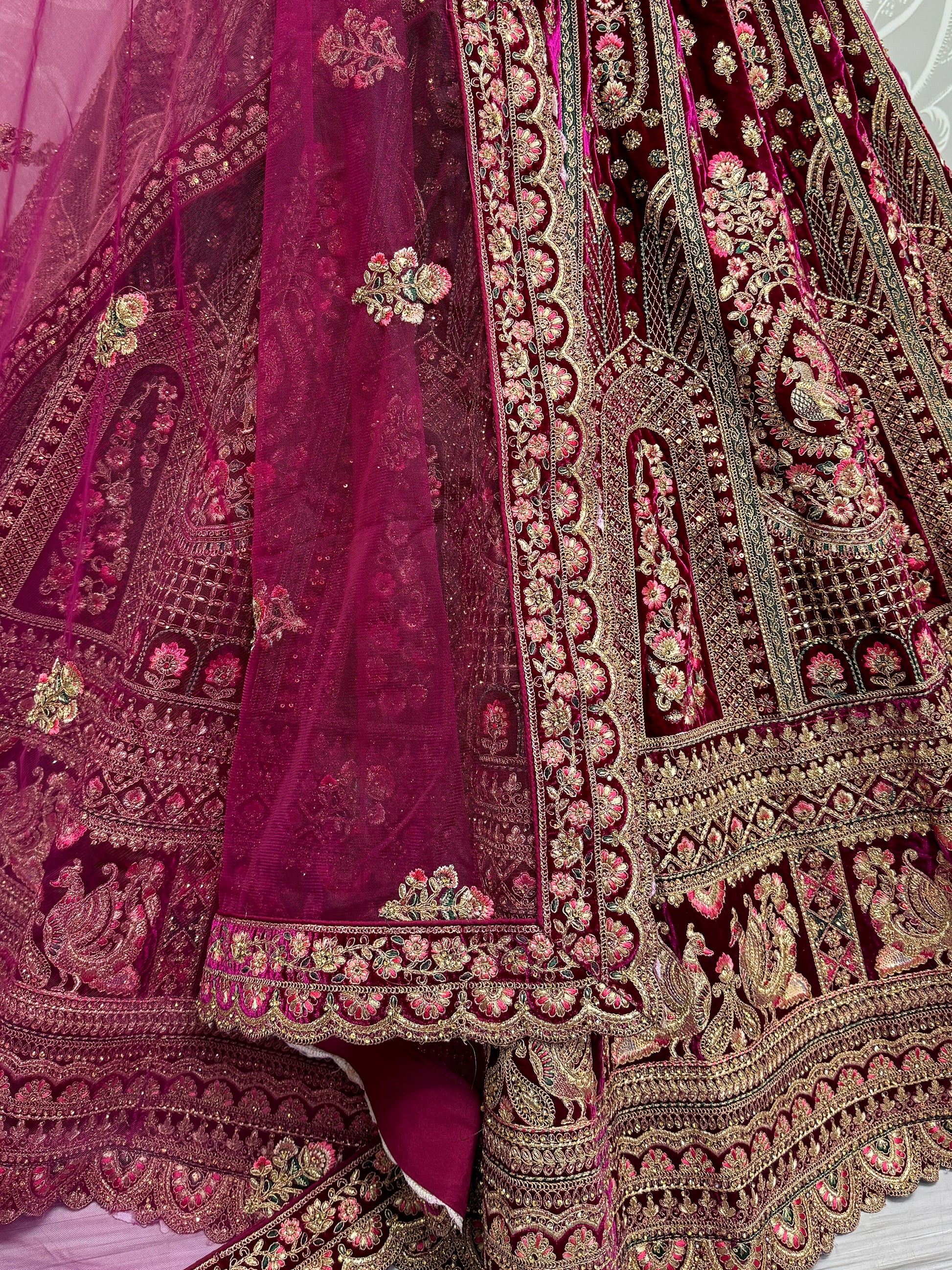 Pretty Pink Dori Work Velvet Bridal Lehenga Choli With Double Dupatta