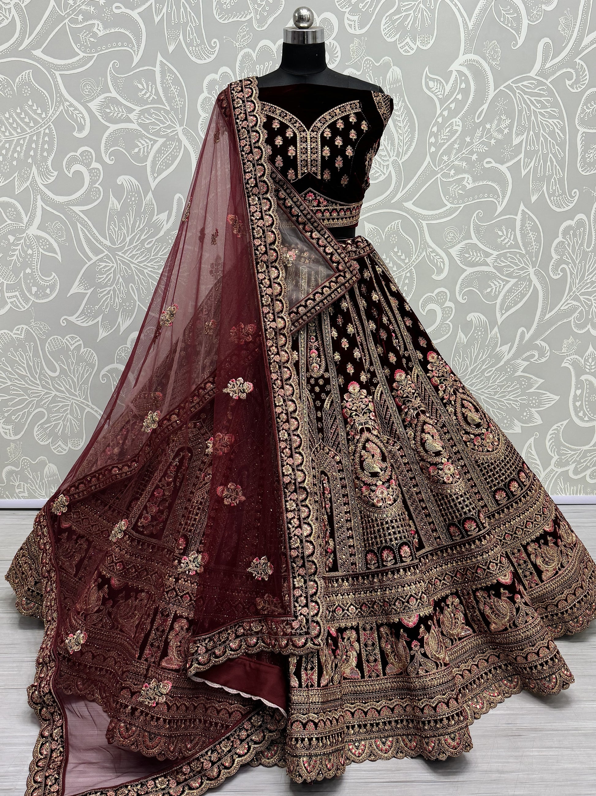 Superb Dark Maroon Velvet Bridal Lehenga Choli With Double Dupatta