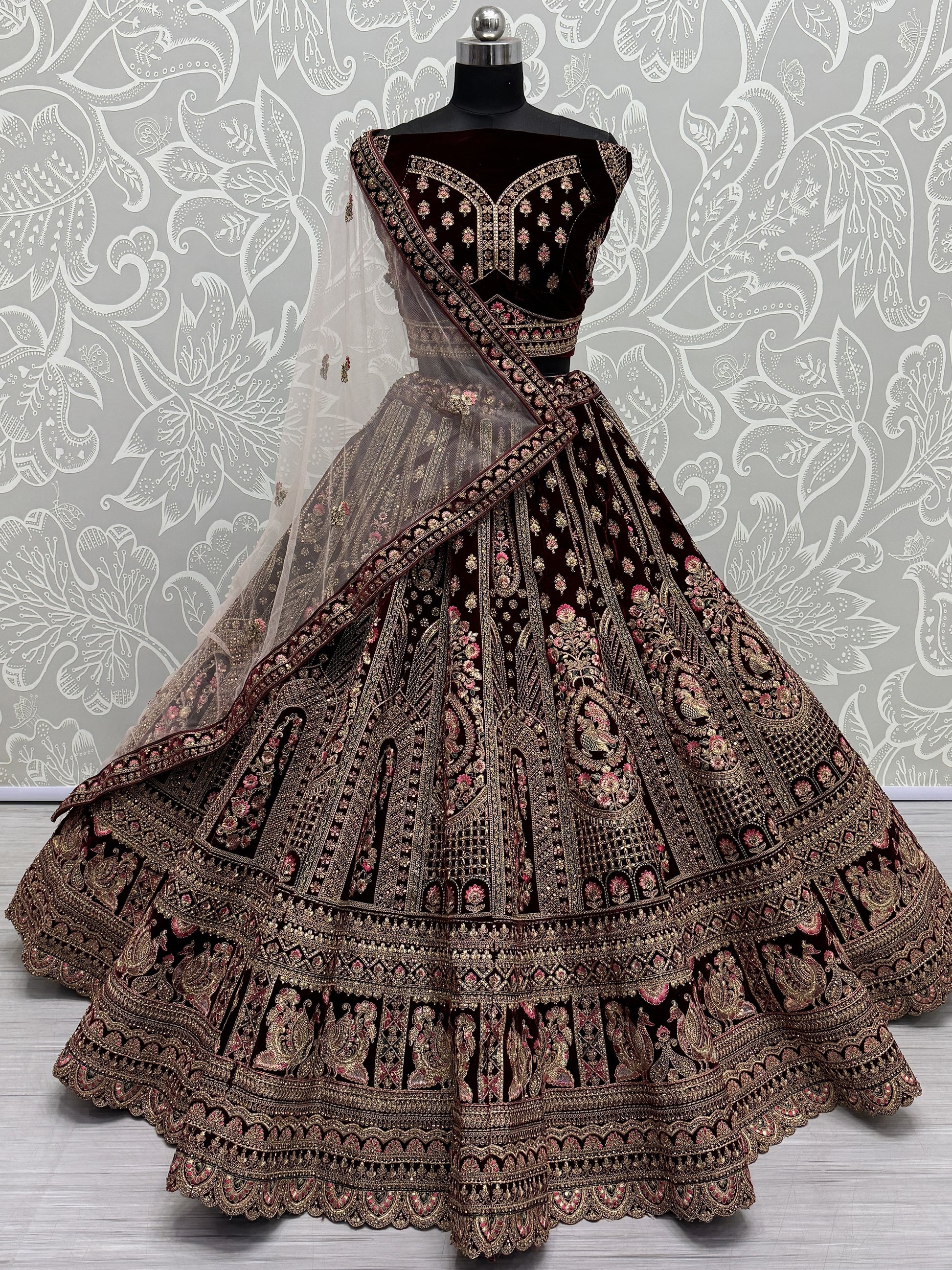 Superb Dark Maroon Velvet Bridal Lehenga Choli With Double Dupatta