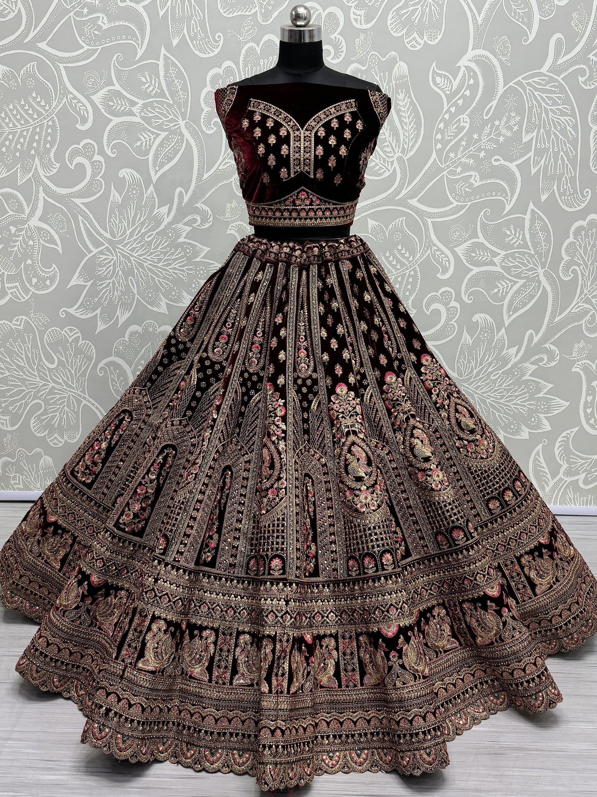 Superb Dark Maroon Velvet Bridal Lehenga Choli With Double Dupatta