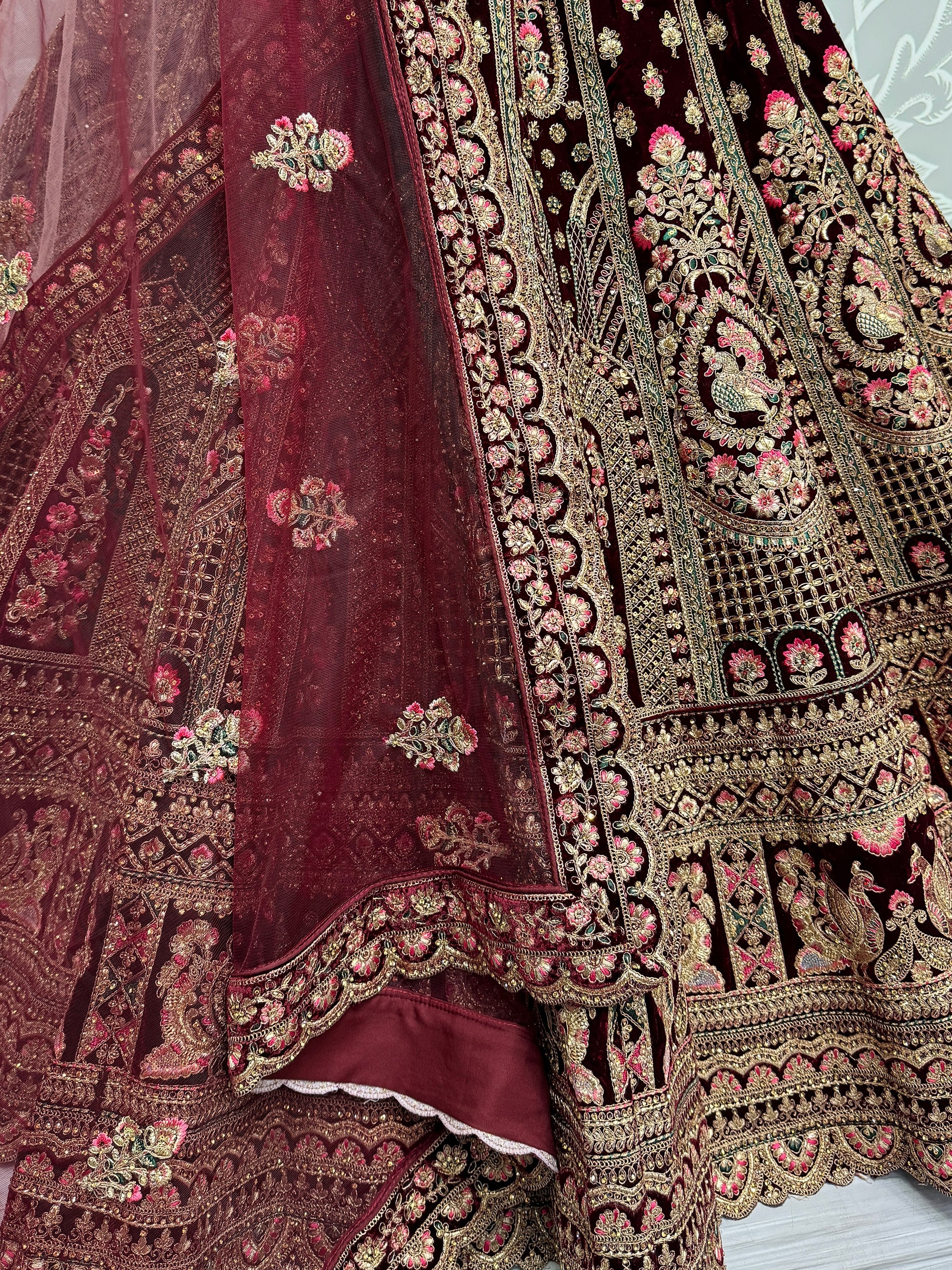 Superb Dark Maroon Velvet Bridal Lehenga Choli With Double Dupatta