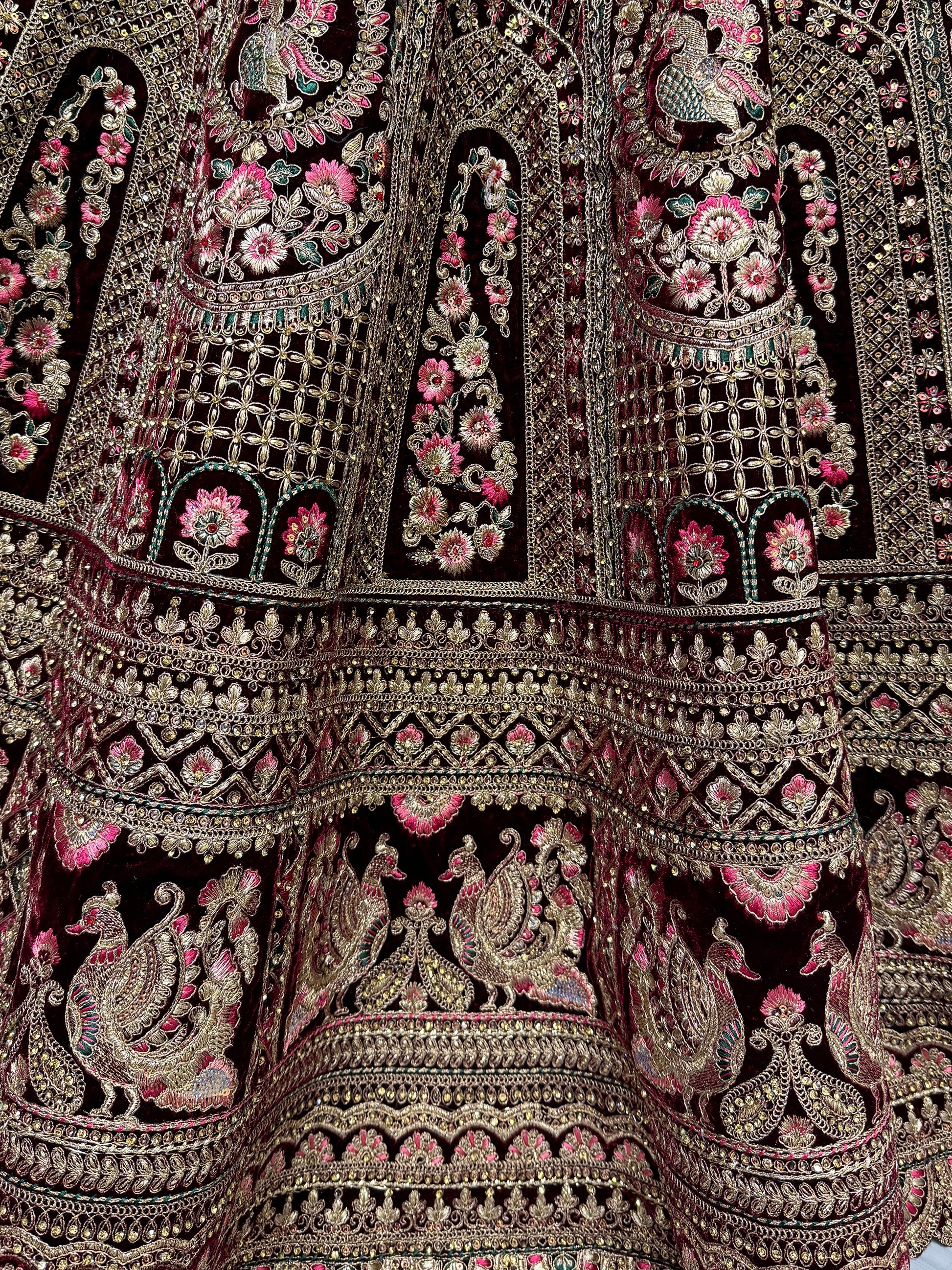 Superb Dark Maroon Velvet Bridal Lehenga Choli With Double Dupatta