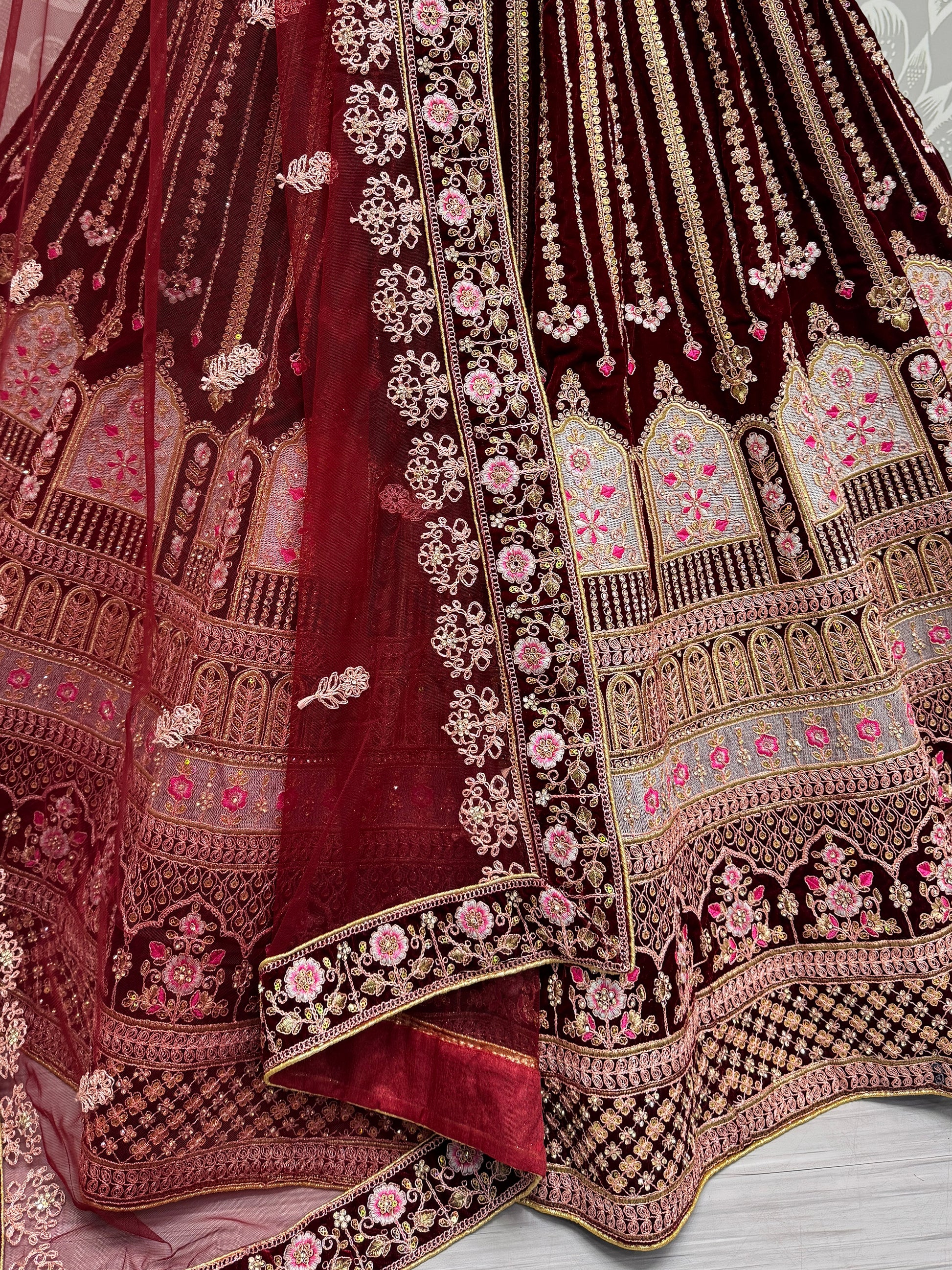 Awesome Maroon Embroidered Velvet Bridal Lehenga Choli With Dupatta