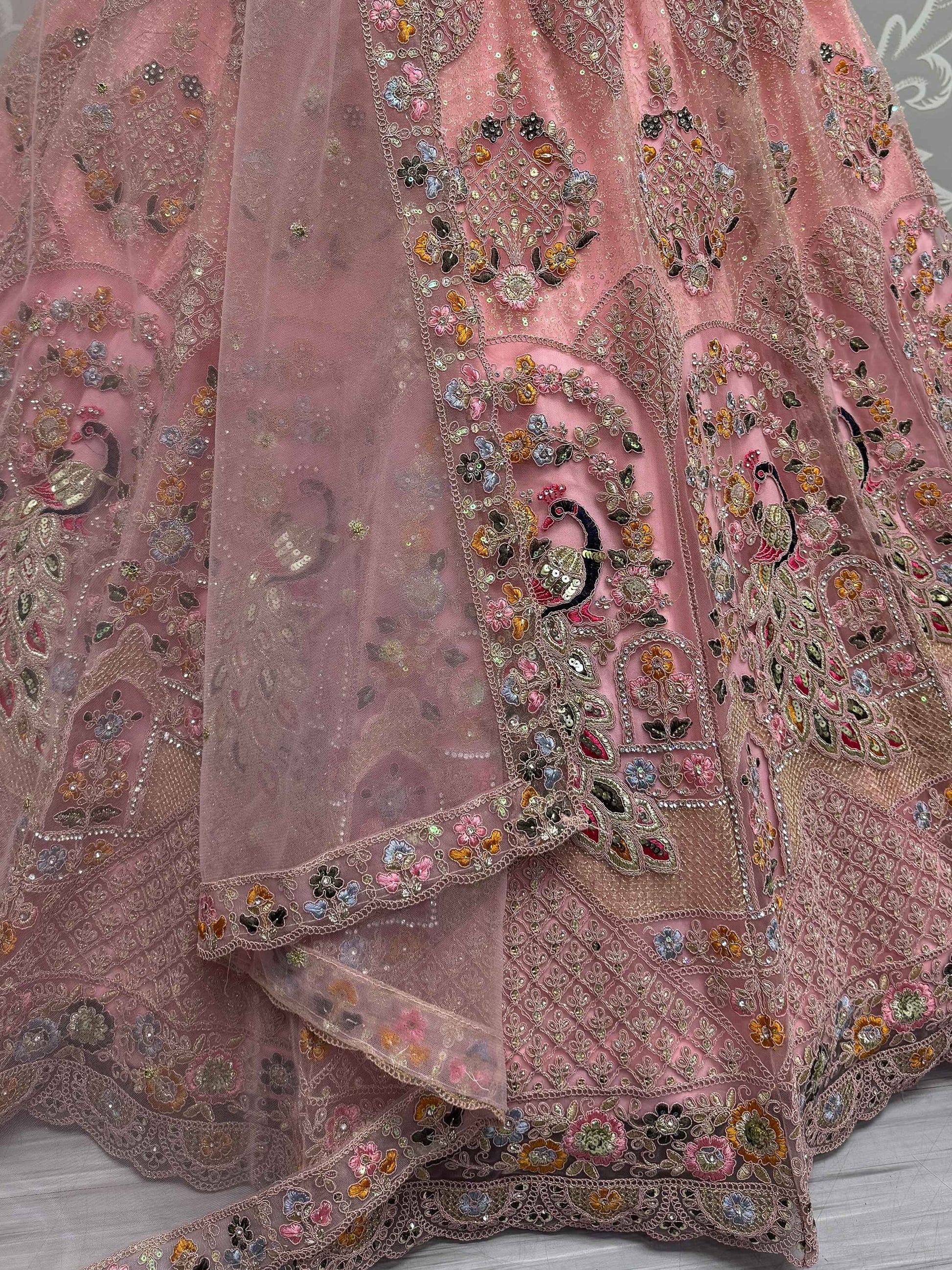 Shocking Peach Sequins Work Net Bridesmaid Lehenga Choli