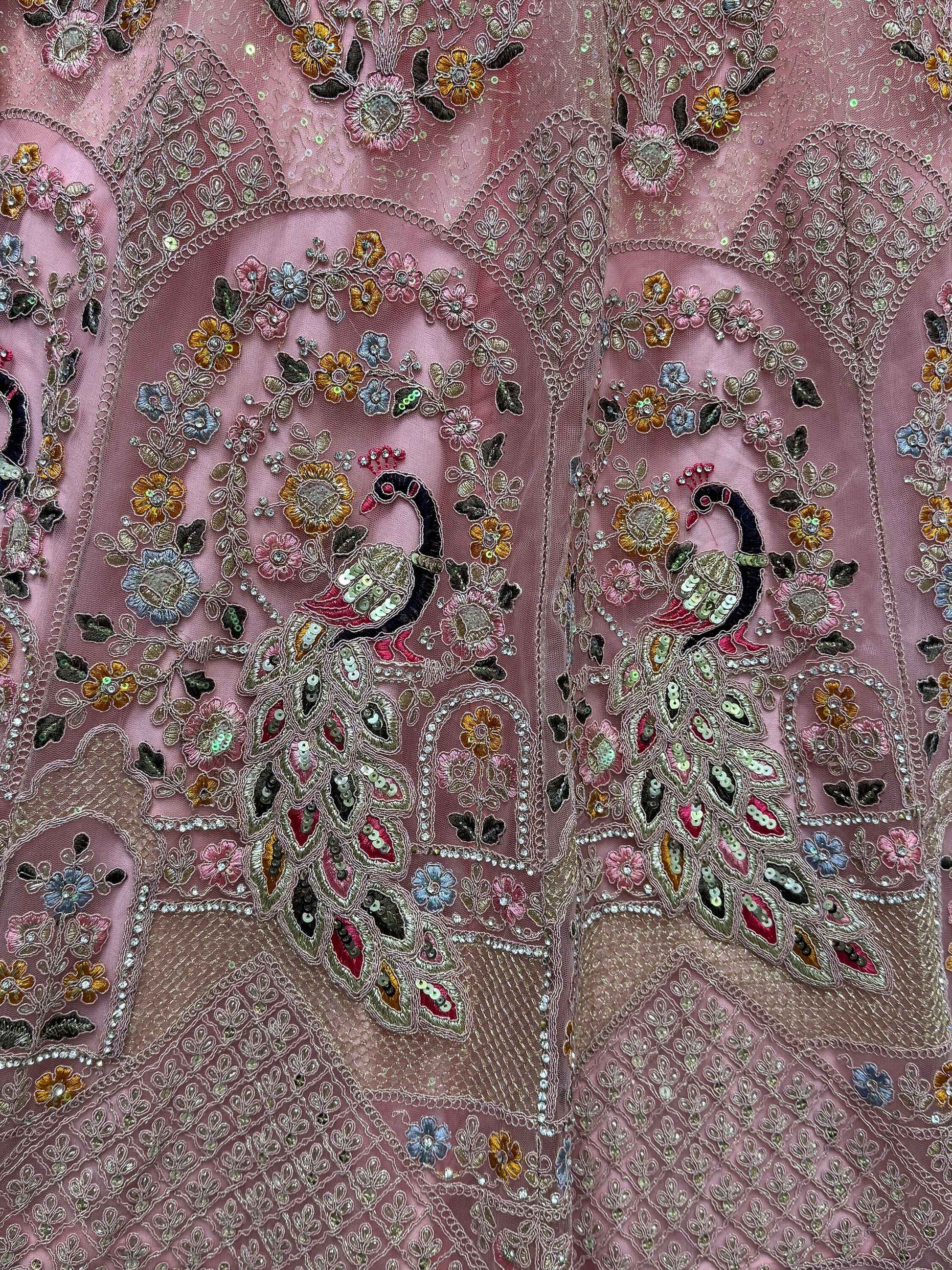 Shocking Peach Sequins Work Net Bridesmaid Lehenga Choli