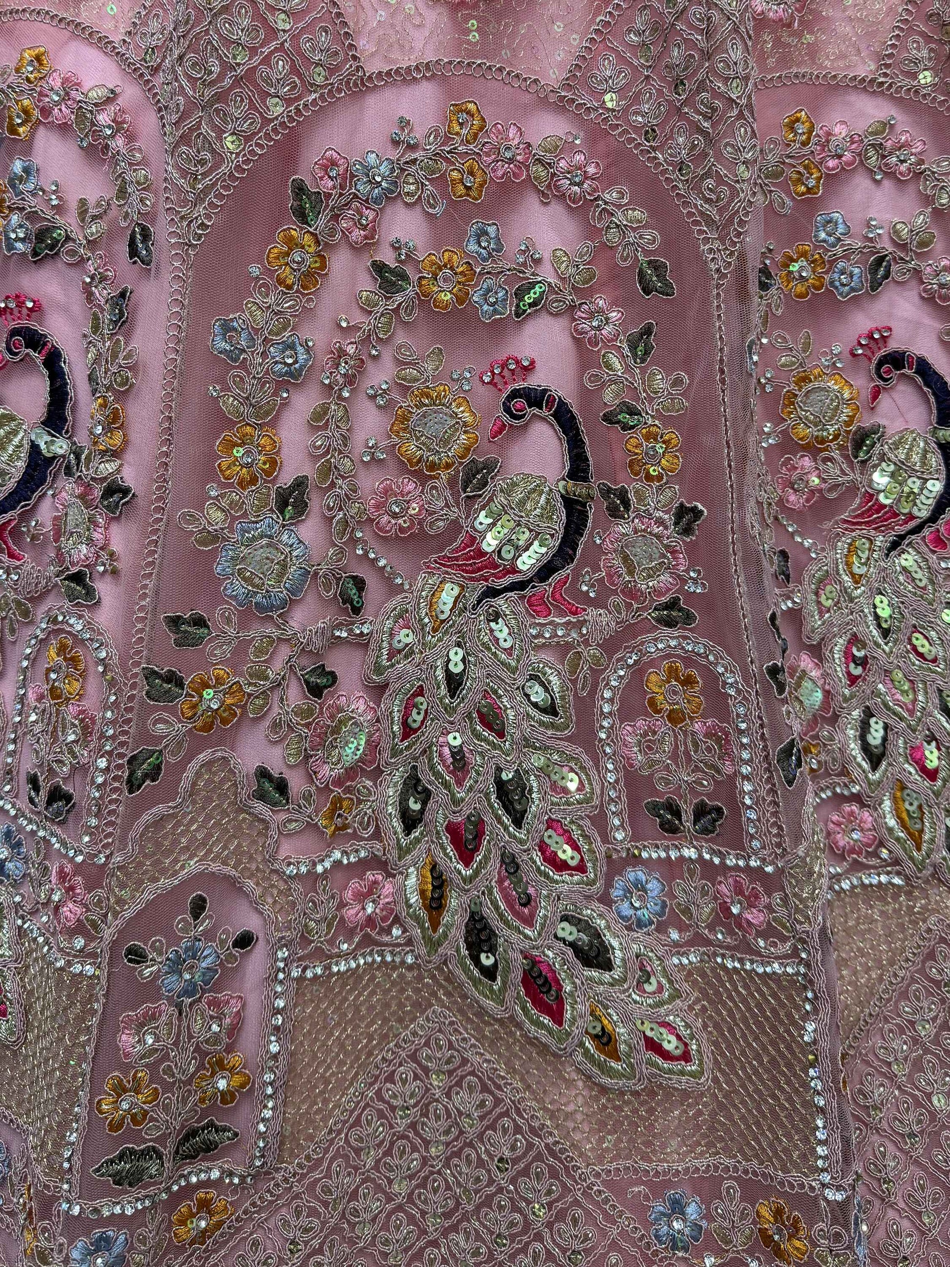 Shocking Peach Sequins Work Net Bridesmaid Lehenga Choli