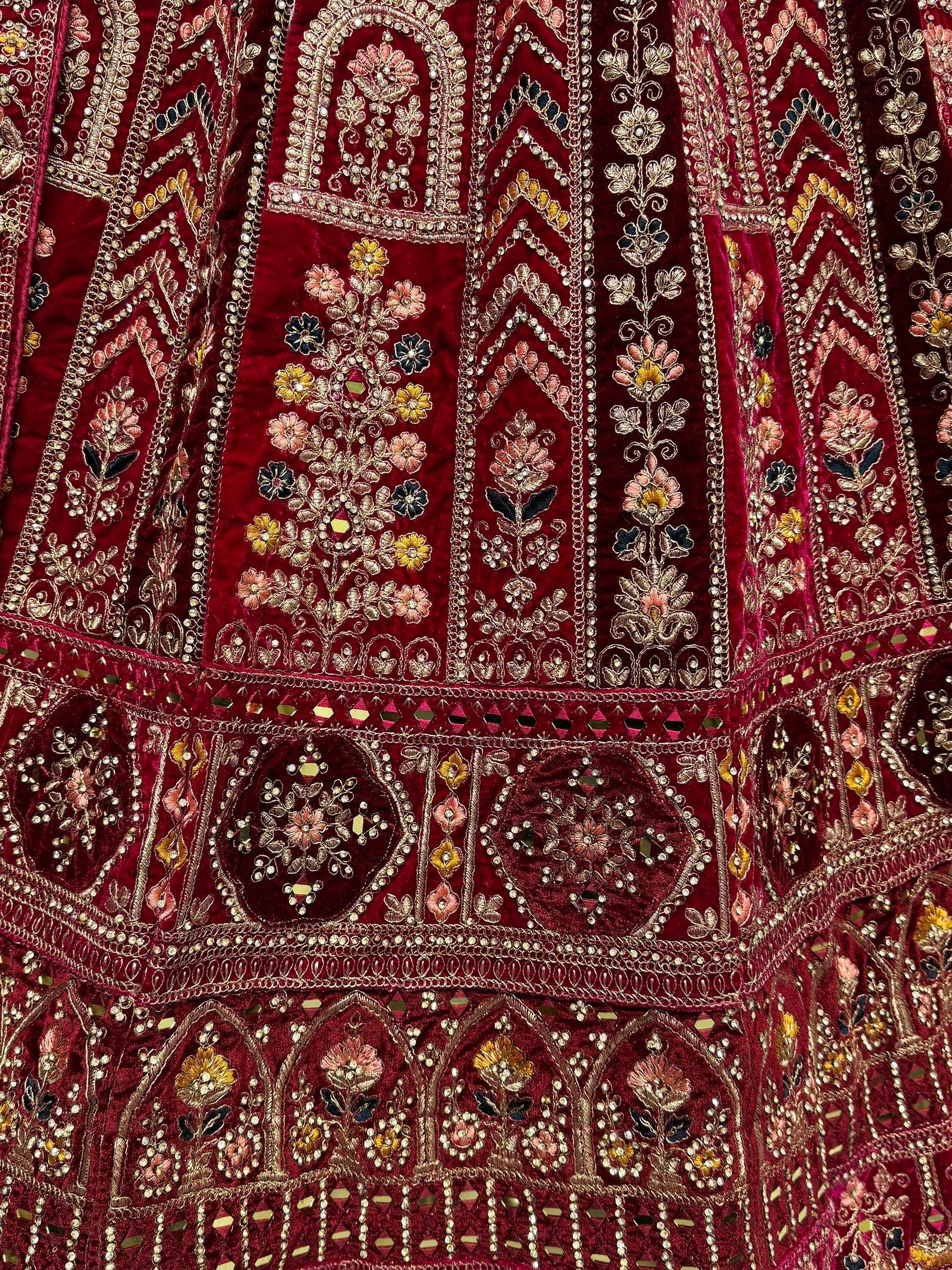 Lovely Red Jarkan Work Velvet Bridal Lehenga Choli With Double Dupatta