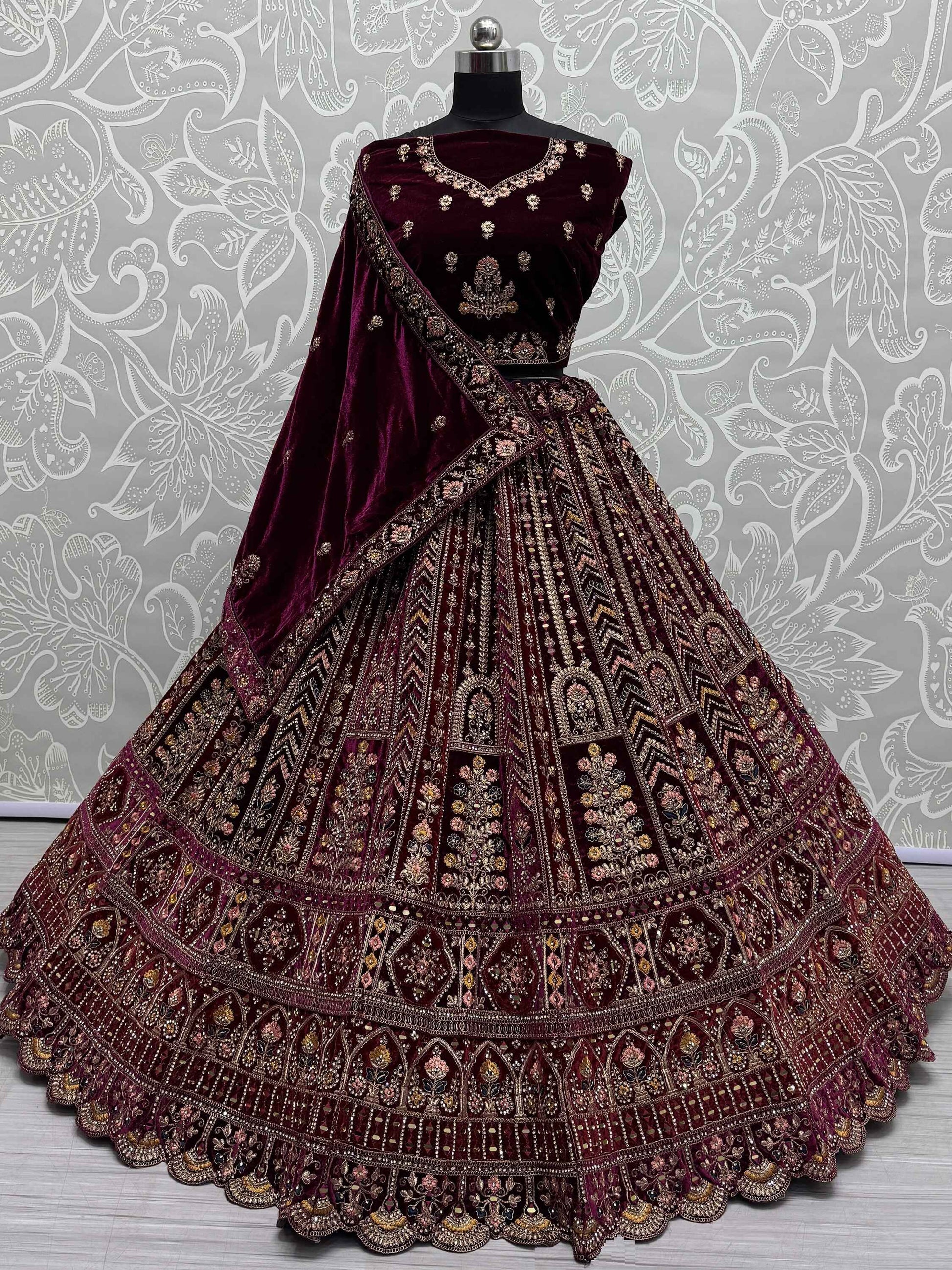 Delightful Maroon Velvet Bridal Lehenga Choli With Double Dupatta