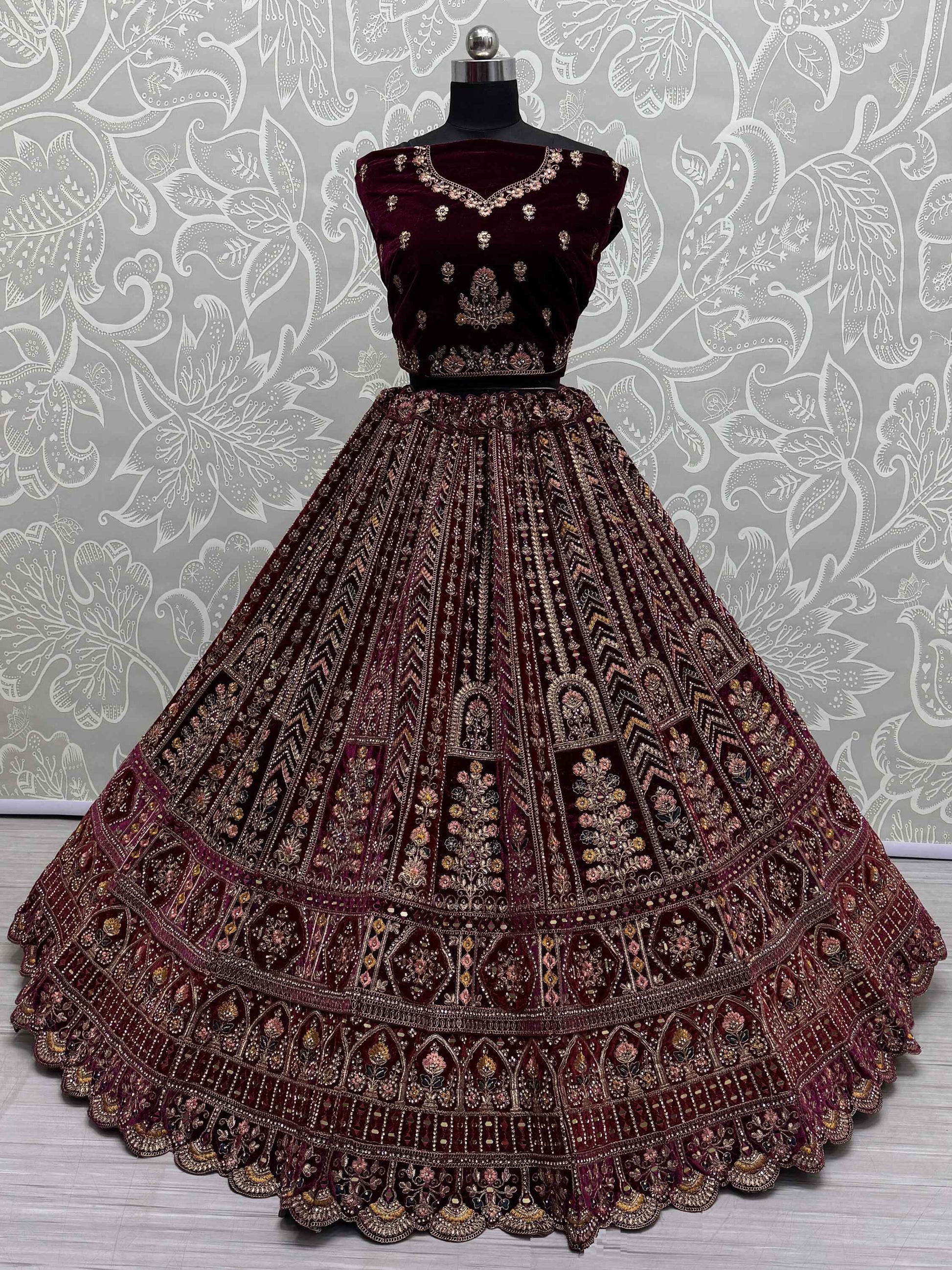 Delightful Maroon Velvet Bridal Lehenga Choli With Double Dupatta