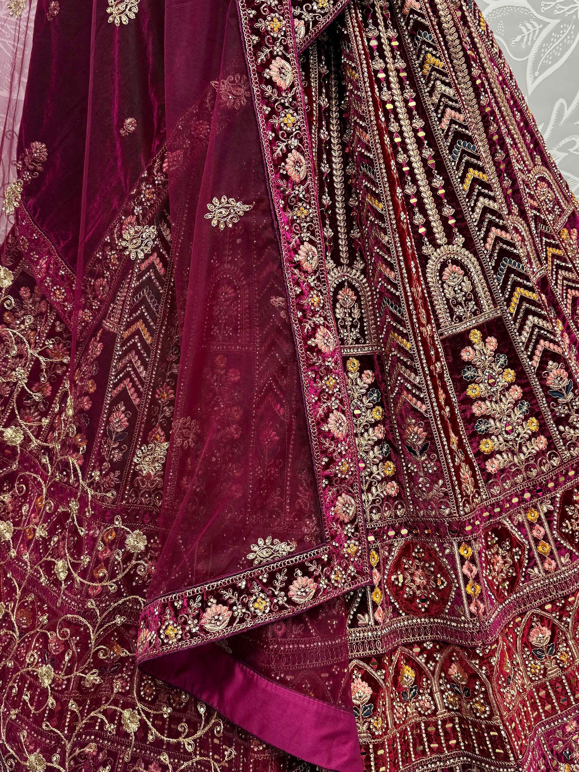 Delightful Maroon Velvet Bridal Lehenga Choli With Double Dupatta