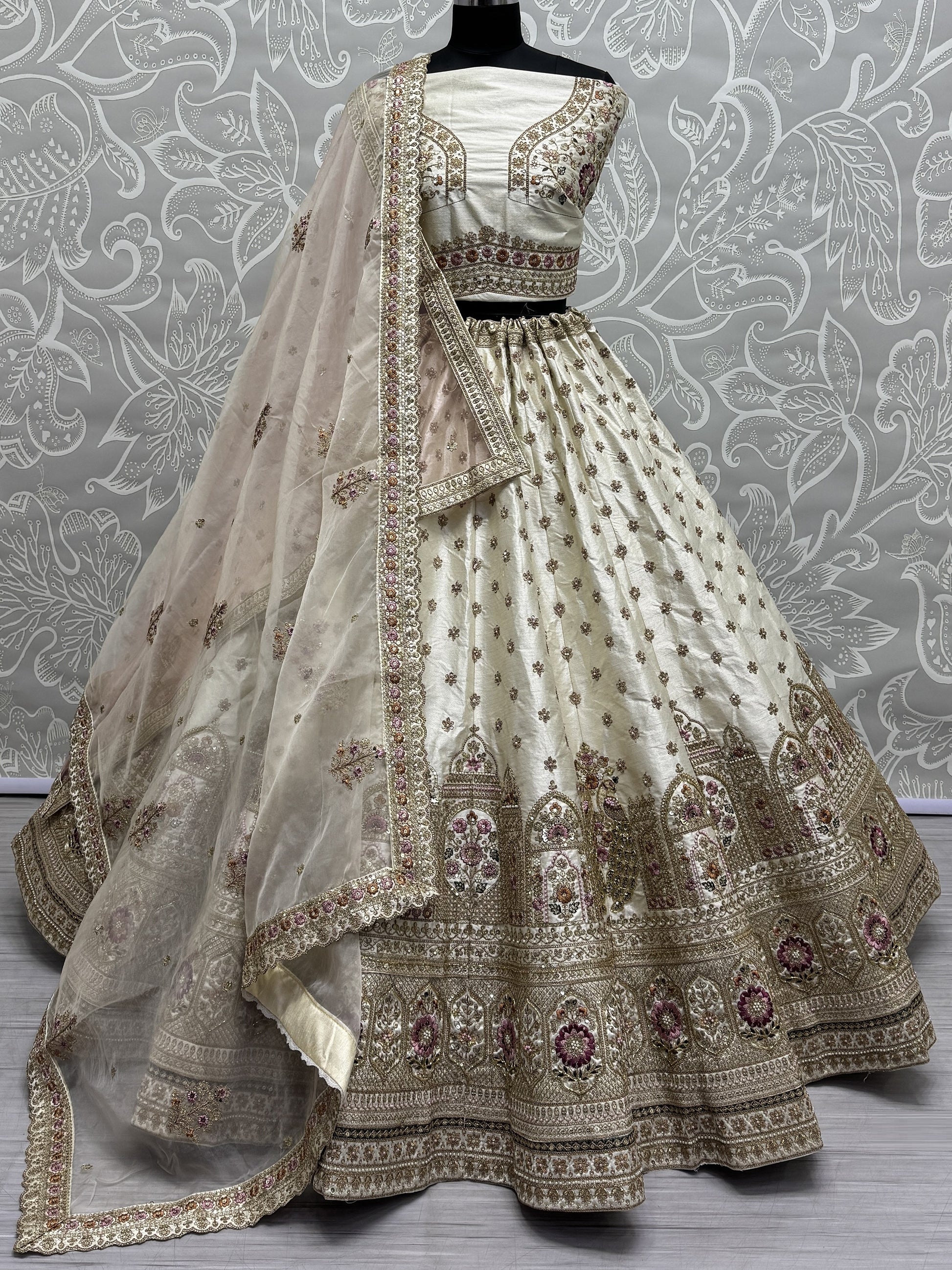 Stunning Off-White Sequins Work Silk Wedding Lehenga Choli With Double Dupatta